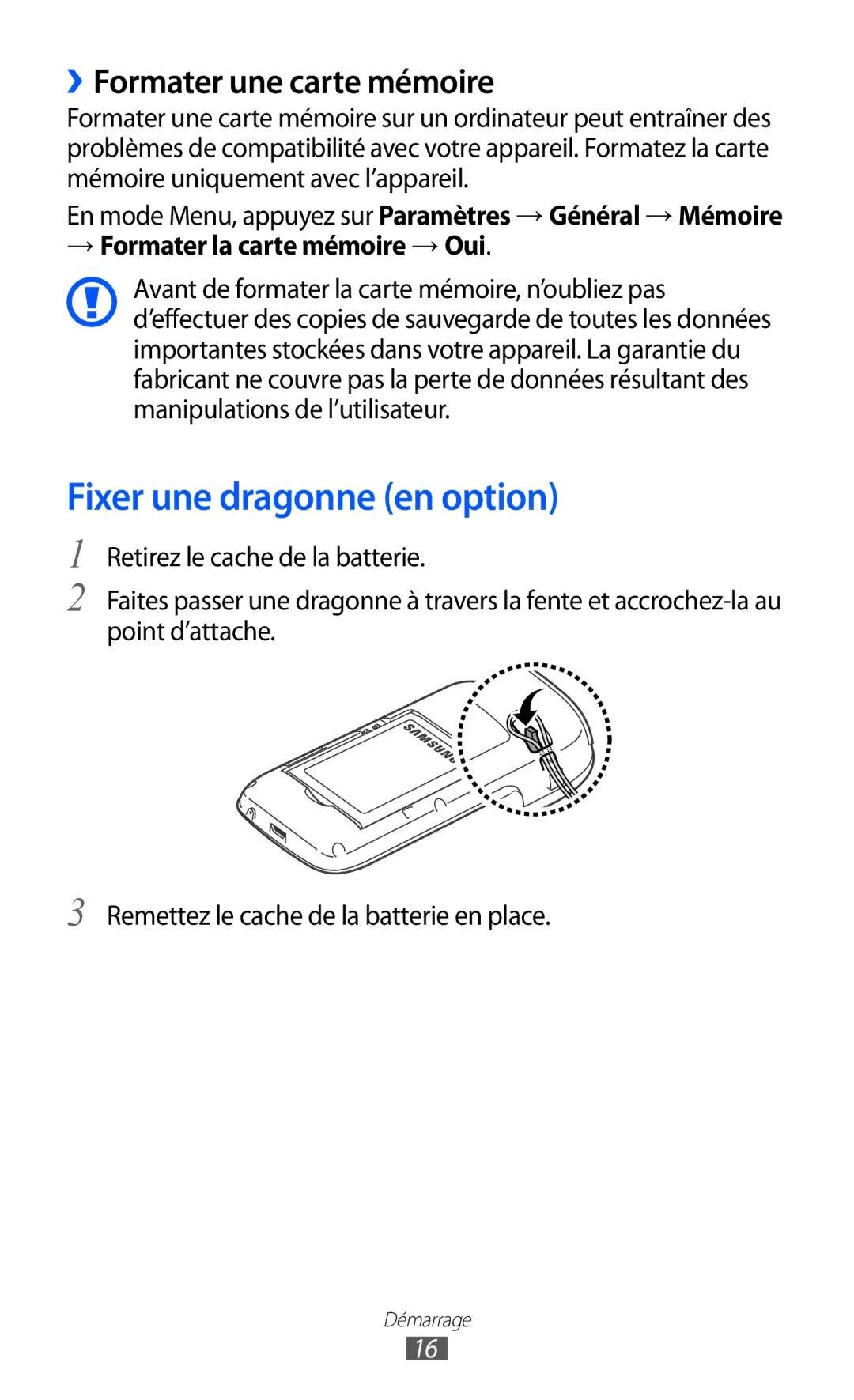 Samsung GT-S5380SSASFR manual Fixer une dragonne en option, ››Formater une carte mémoire, → Formater la carte mémoire → Oui 