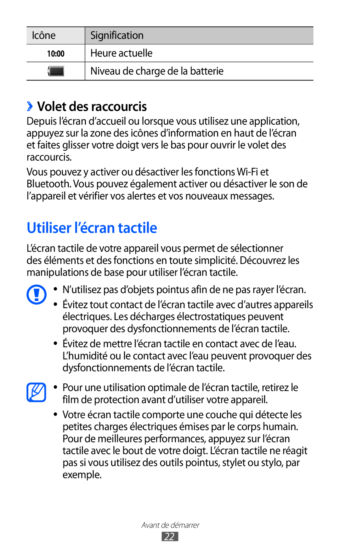 Samsung GT-S5380SSAXEF manual Utiliser l’écran tactile, ››Volet des raccourcis, Icône Signification, Heure actuelle 