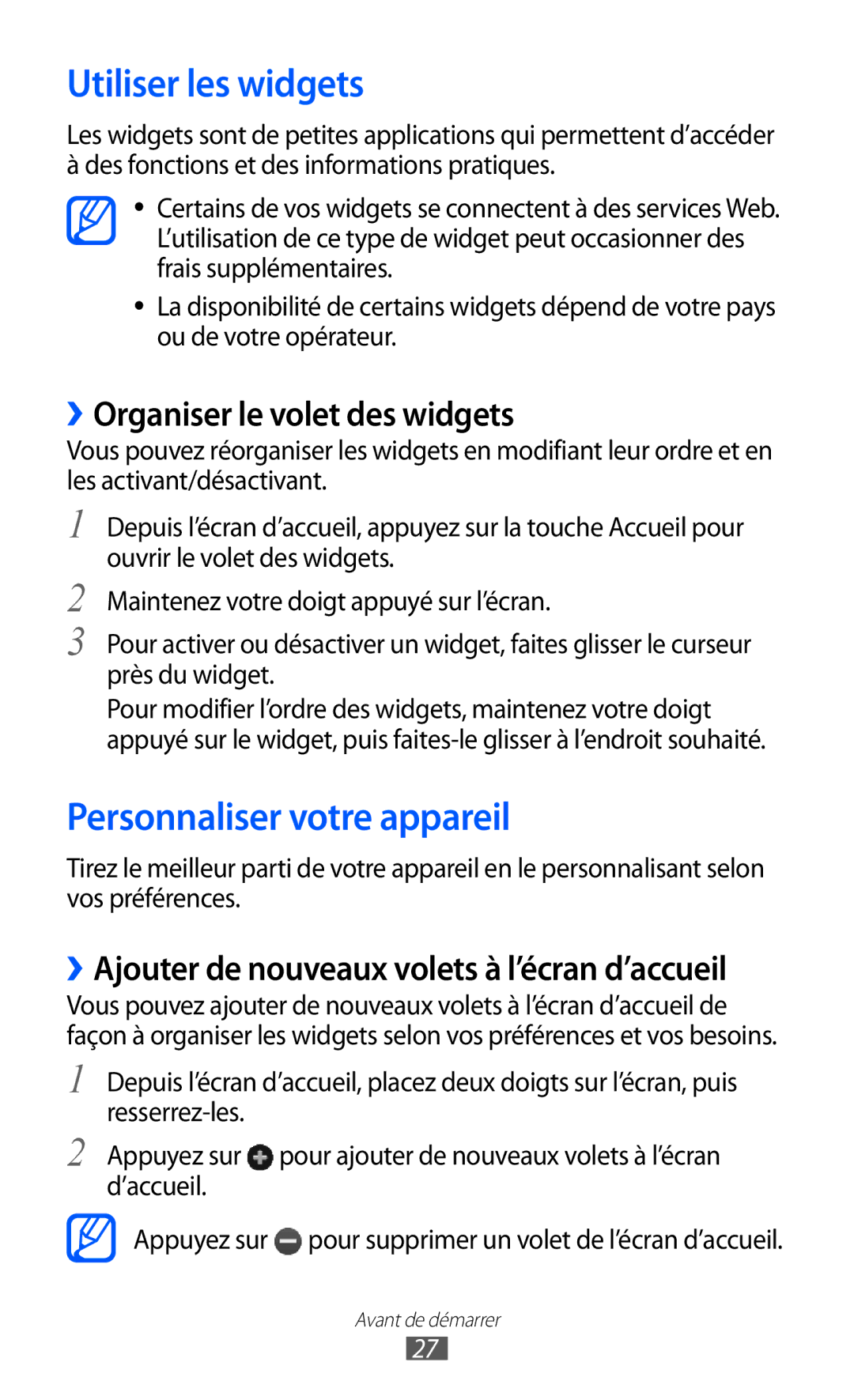 Samsung GT-S5380PWAXEF manual Utiliser les widgets, Personnaliser votre appareil, ››Organiser le volet des widgets 