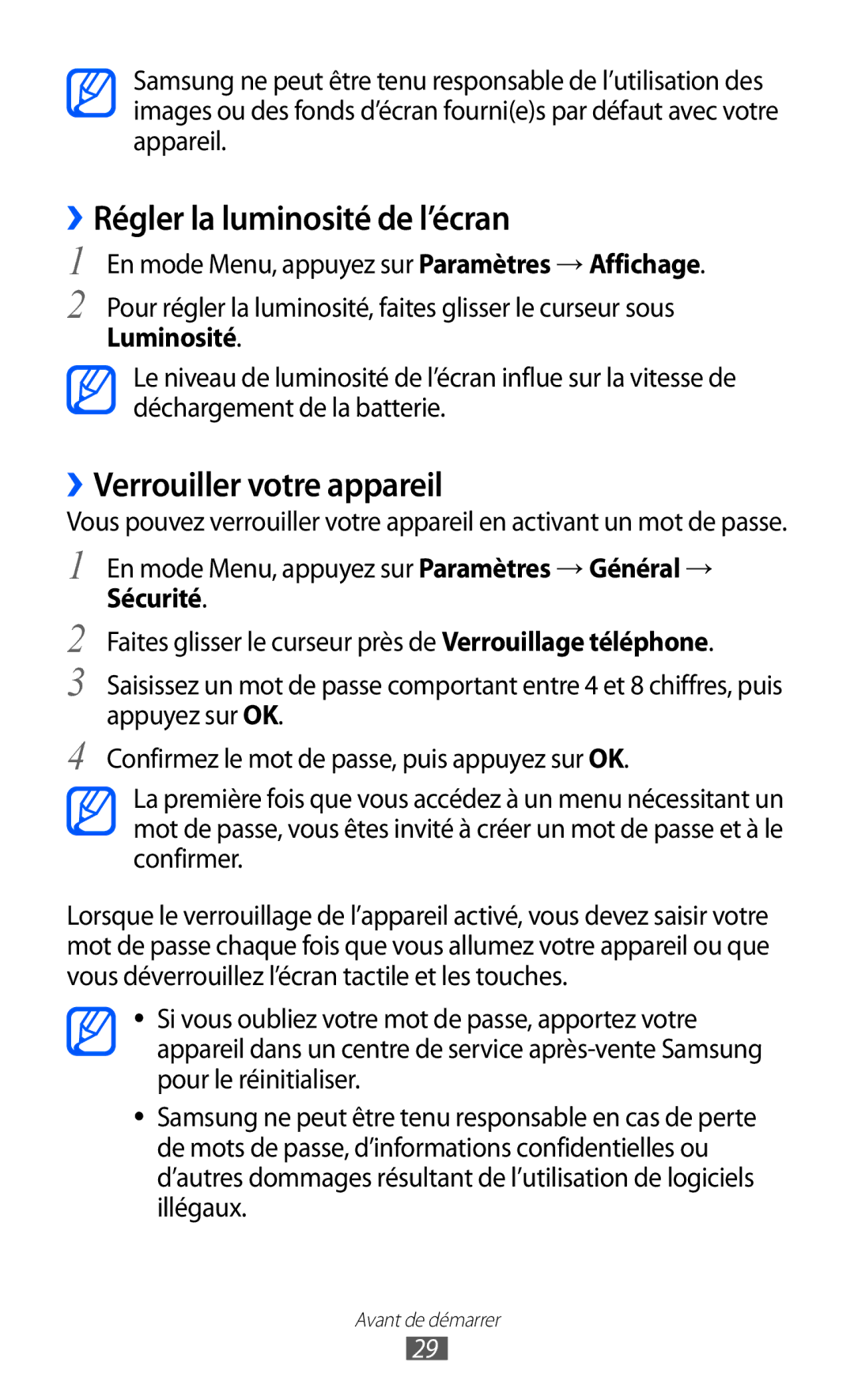 Samsung GT-S5380SSABOG, GT-S5380PWAXEF, GT-S5380WRAXEF manual ››Régler la luminosité de l’écran, ››Verrouiller votre appareil 