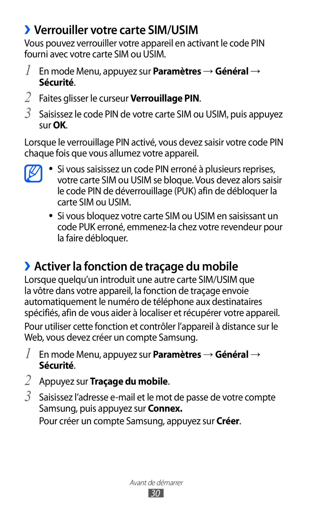 Samsung GT-S5380SSANRJ, GT-S5380PWAXEF manual ››Verrouiller votre carte SIM/USIM, ››Activer la fonction de traçage du mobile 