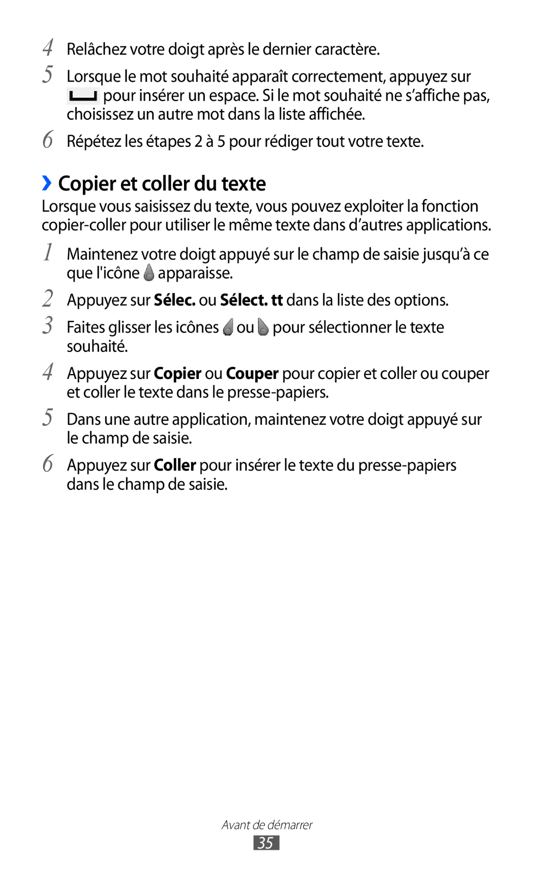 Samsung GT-S5380PWASFR, GT-S5380PWAXEF manual ››Copier et coller du texte, Relâchez votre doigt après le dernier caractère 