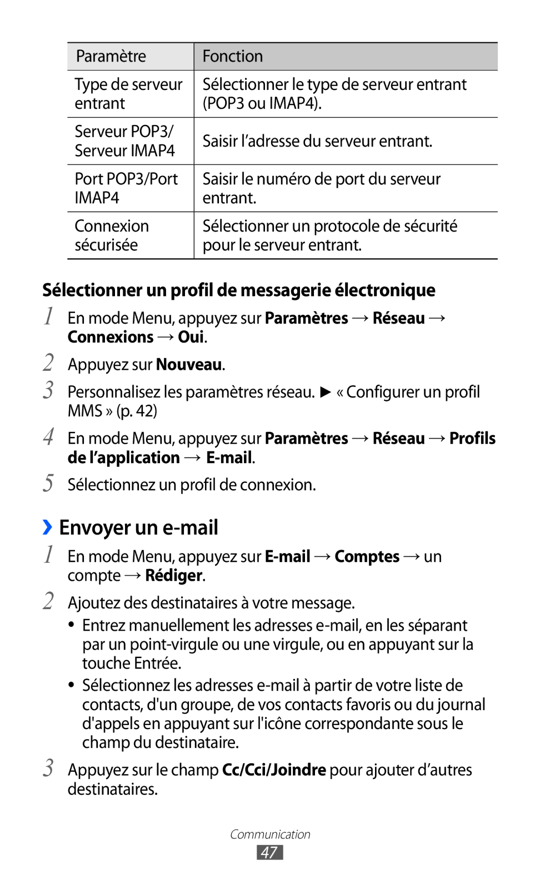 Samsung GT-S5380SSABOG, GT-S5380PWAXEF manual ››Envoyer un e-mail, Sélectionner un profil de messagerie électronique 