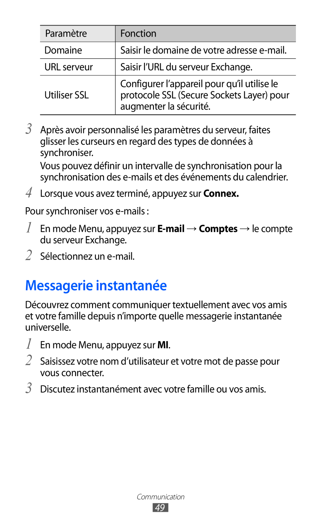 Samsung GT-S5380SSAXEF Messagerie instantanée, Paramètre Fonction Domaine, URL serveur Saisir l’URL du serveur Exchange 