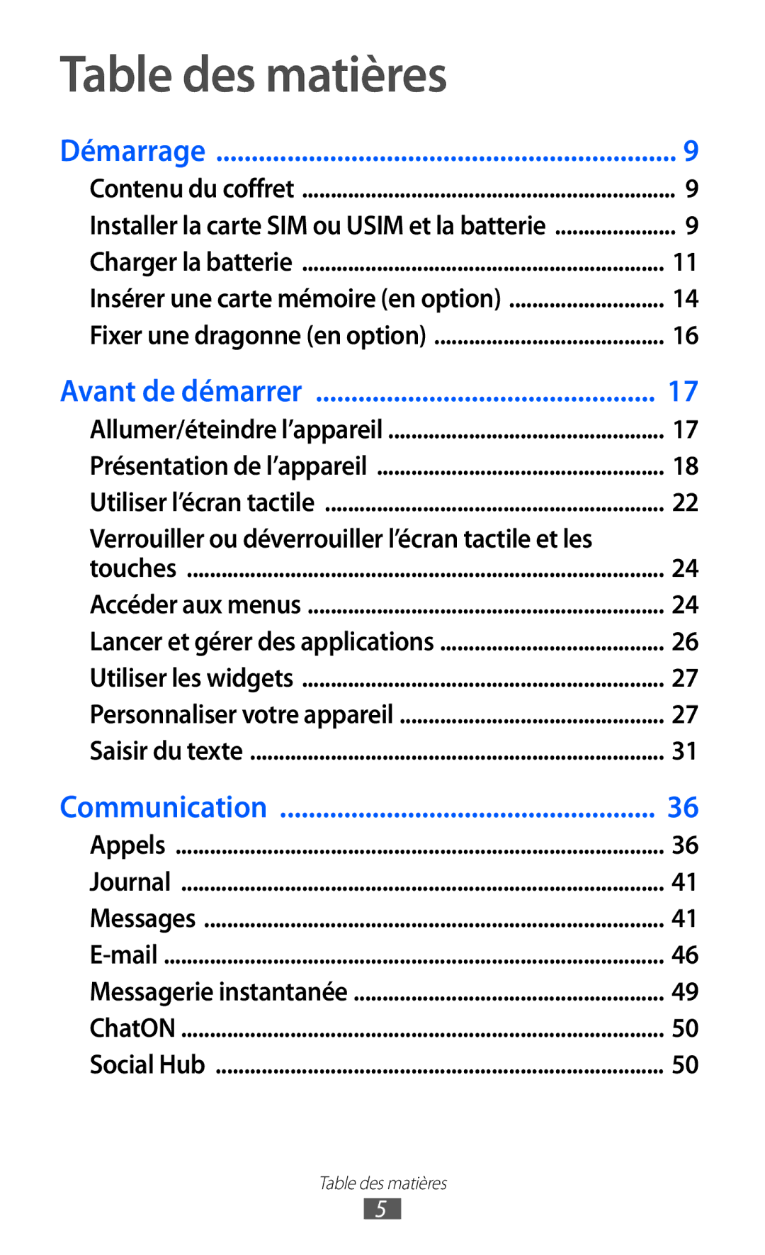 Samsung GT-S5380SSAFTM, GT-S5380PWAXEF manual Table des matières, Verrouiller ou déverrouiller l’écran tactile et les 