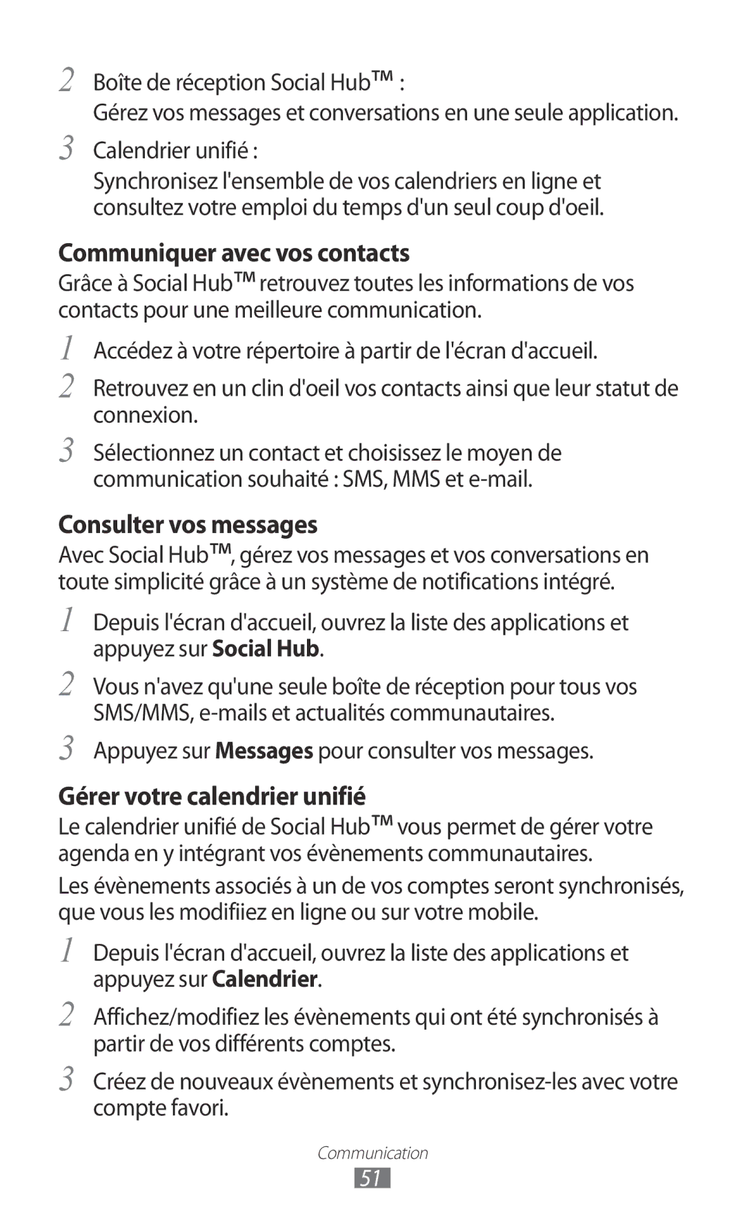 Samsung GT-S5380PWABOG manual Communiquer avec vos contacts, Consulter vos messages, Gérer votre calendrier unifié 