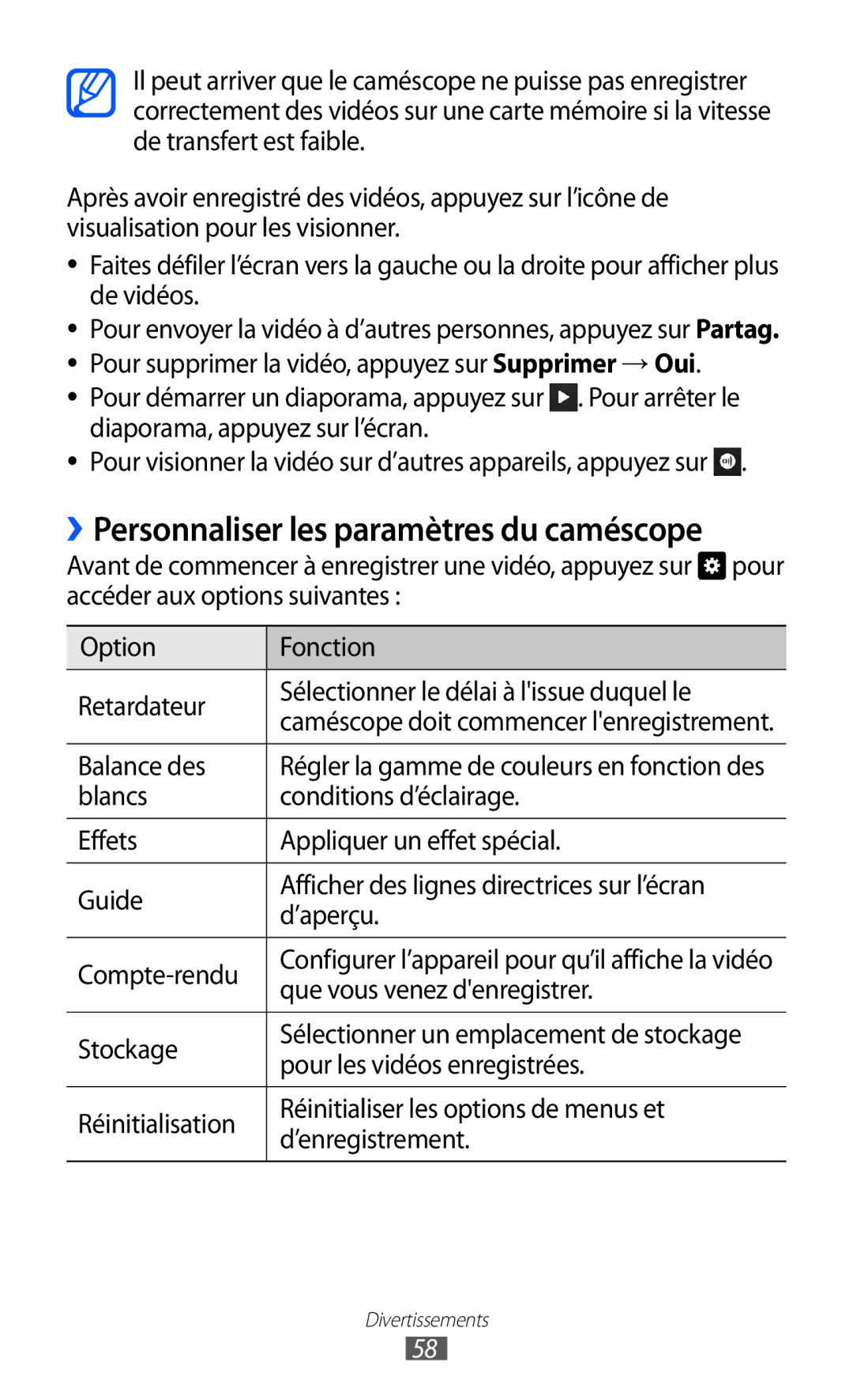 Samsung GT-S5380SSAXEF, GT-S5380PWAXEF manual ››Personnaliser les paramètres du caméscope, Que vous venez denregistrer 