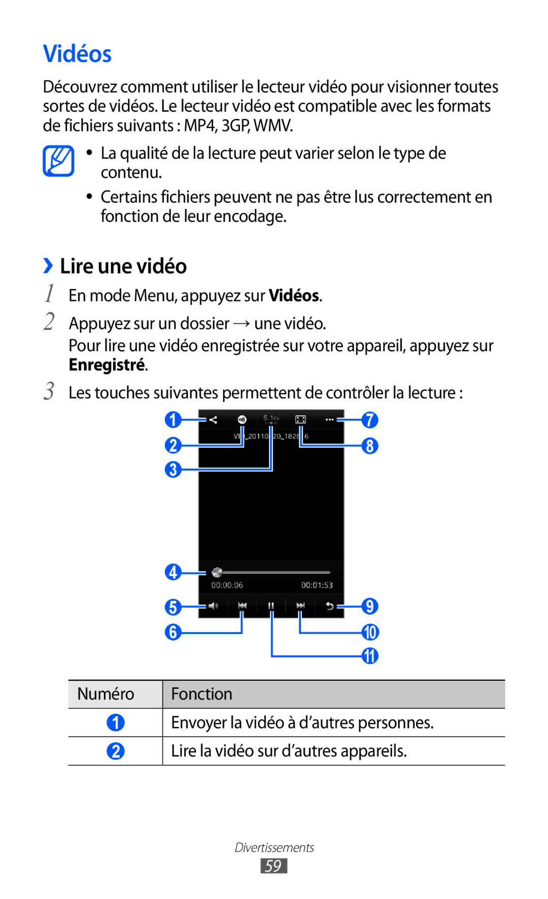 Samsung GT-S5380SSAFTM, GT-S5380PWAXEF, GT-S5380WRAXEF, GT-S5380SSABOG, GT-S5380SSANRJ manual Vidéos, ››Lire une vidéo 