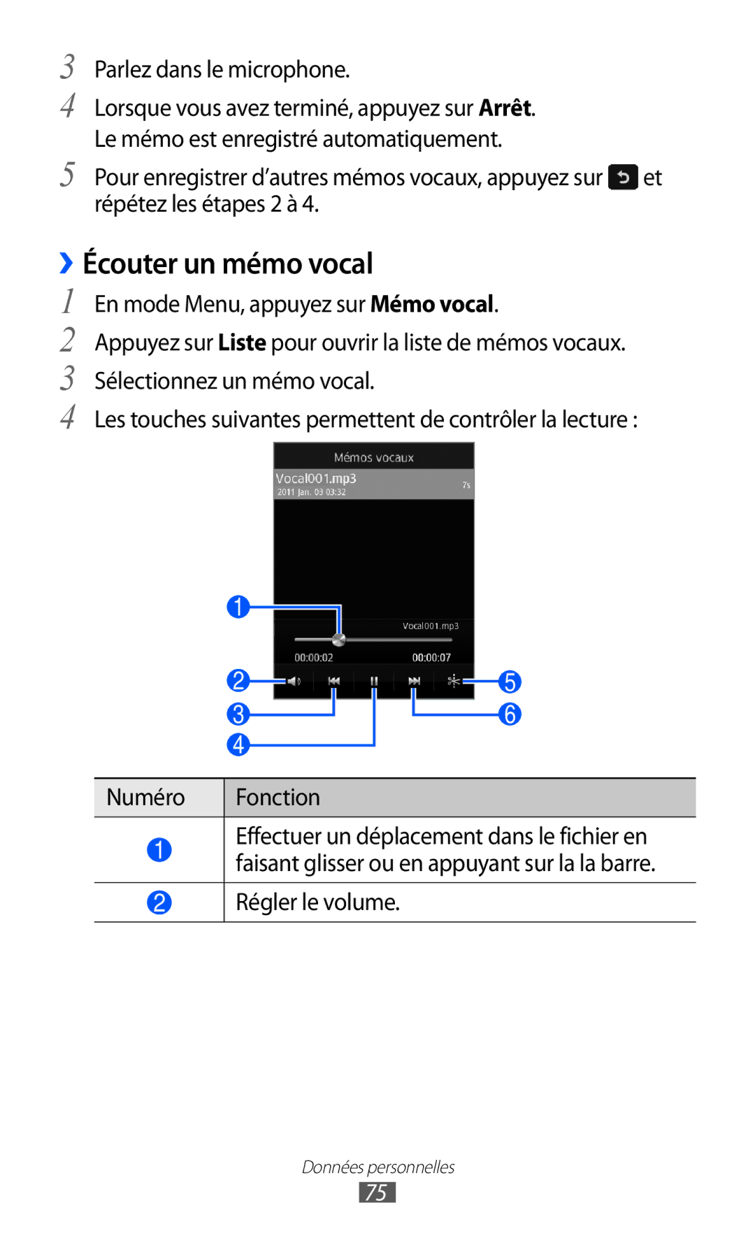 Samsung GT-S5380SSANRJ, GT-S5380PWAXEF, GT-S5380WRAXEF ››Écouter un mémo vocal, Parlez dans le microphone, Régler le volume 