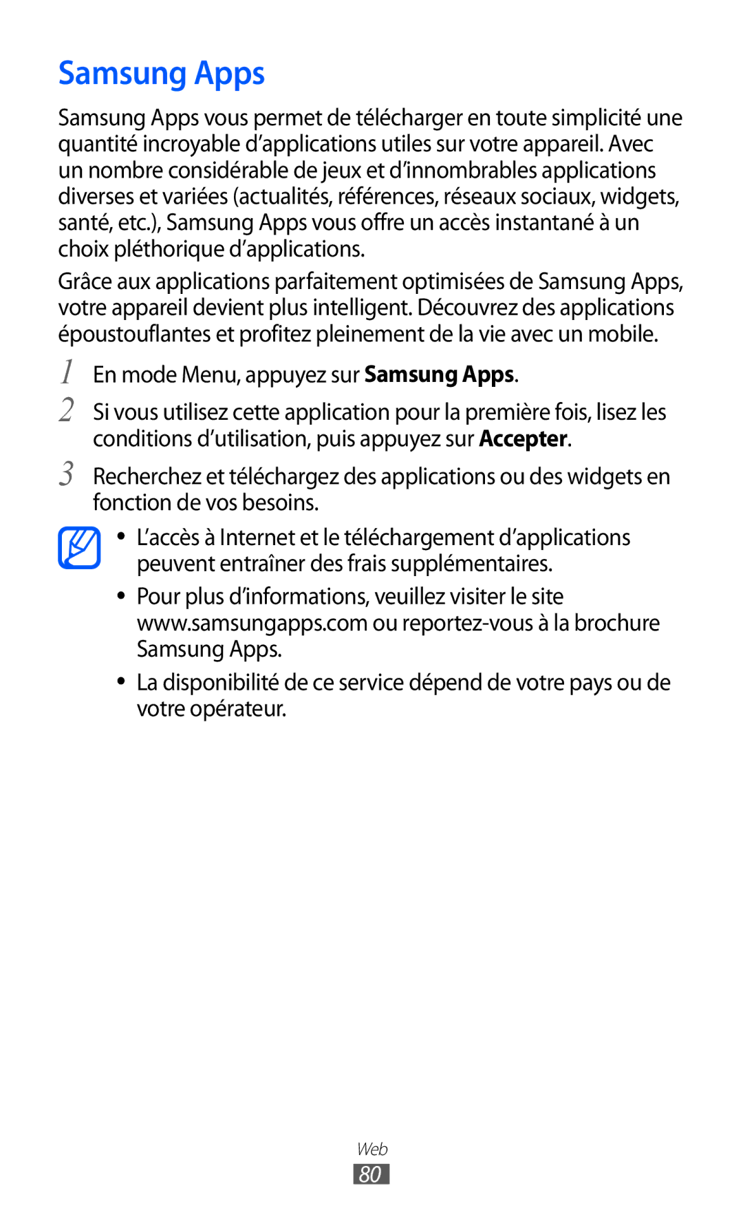 Samsung GT-S5380PWASFR, GT-S5380PWAXEF, GT-S5380WRAXEF, GT-S5380SSABOG manual En mode Menu, appuyez sur Samsung Apps 