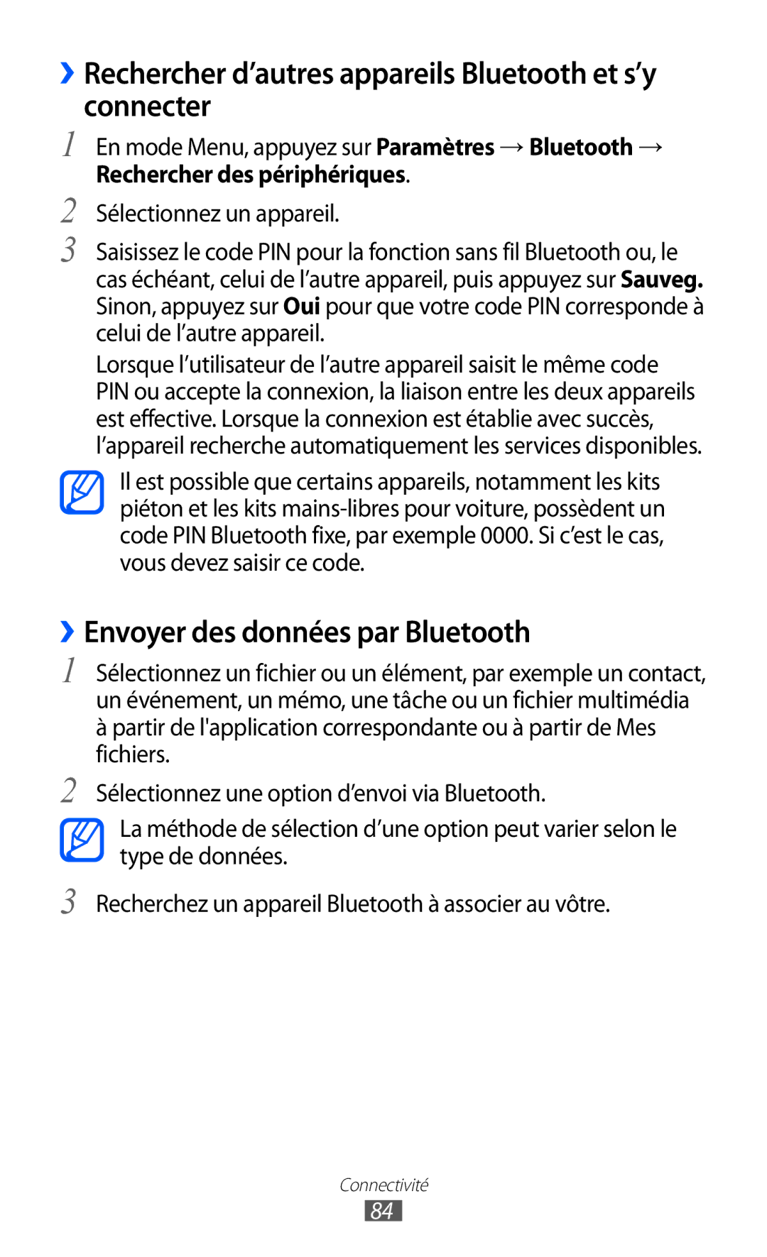 Samsung GT-S5380SSANRJ ››Rechercher d’autres appareils Bluetooth et s’y connecter, ››Envoyer des données par Bluetooth 