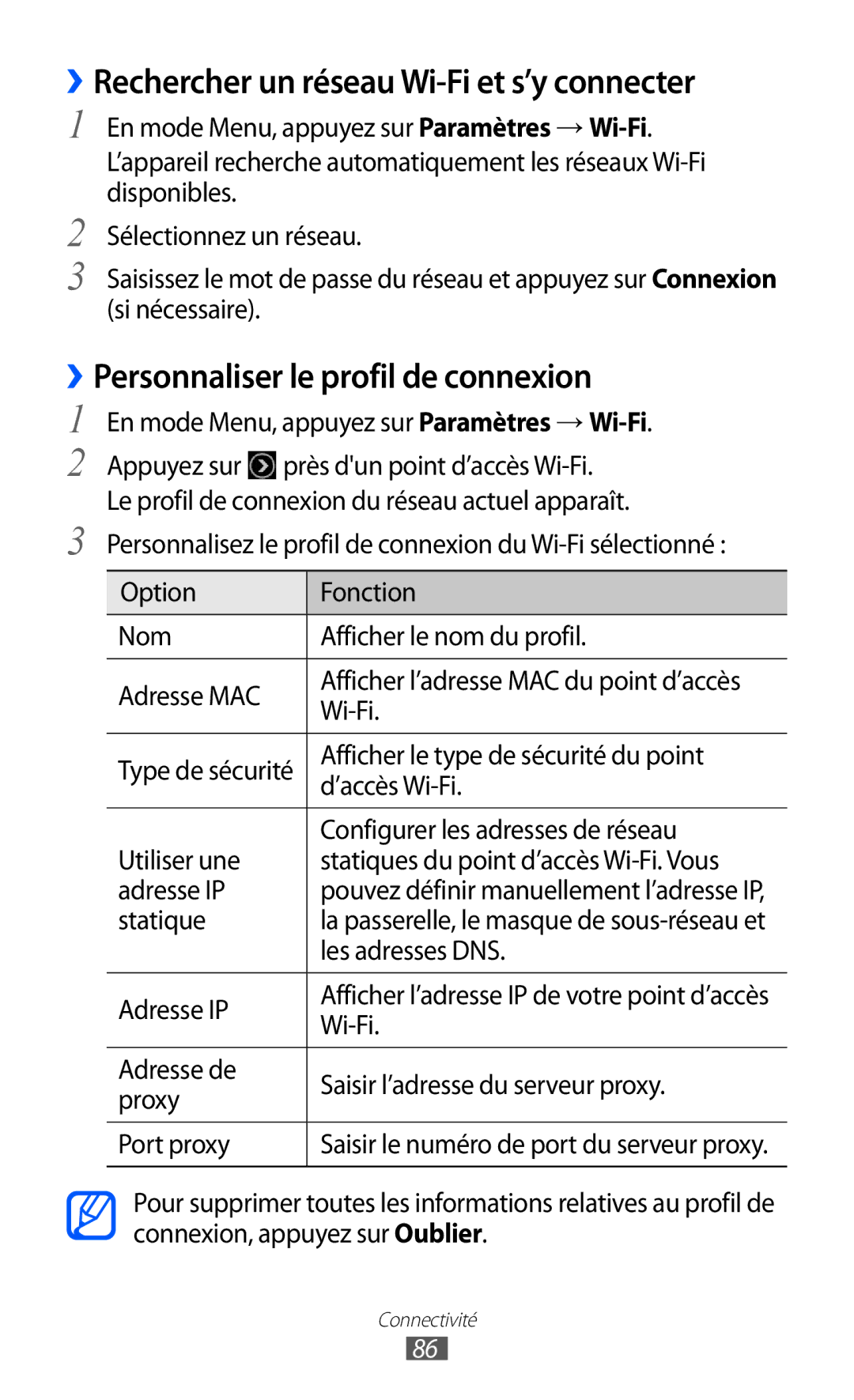 Samsung GT-S5380SSAFTM manual ››Rechercher un réseau Wi-Fi et s’y connecter, ››Personnaliser le profil de connexion 