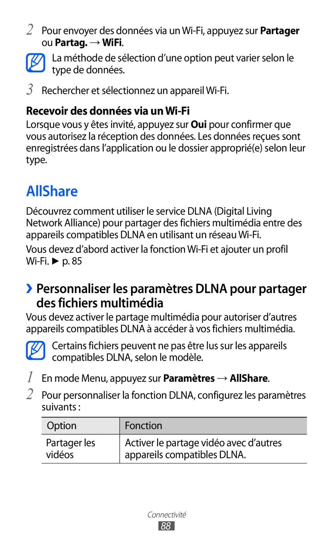 Samsung GT-S5380SSASFR, GT-S5380PWAXEF, GT-S5380WRAXEF, GT-S5380SSABOG manual AllShare, Recevoir des données via un Wi-Fi 