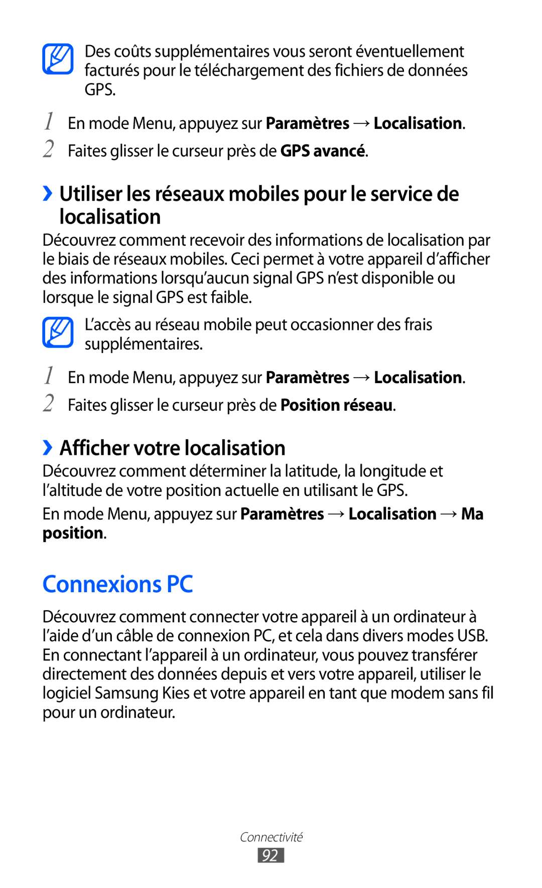 Samsung GT-S5380SSABOG, GT-S5380PWAXEF, GT-S5380WRAXEF, GT-S5380SSANRJ manual Connexions PC, ››Afficher votre localisation 