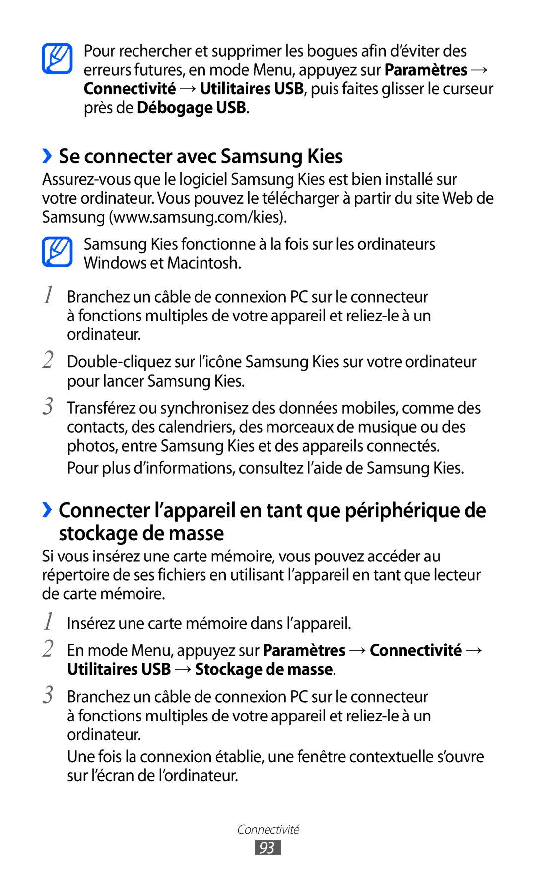 Samsung GT-S5380SSANRJ manual ››Se connecter avec Samsung Kies, Pour plus d’informations, consultez l’aide de Samsung Kies 