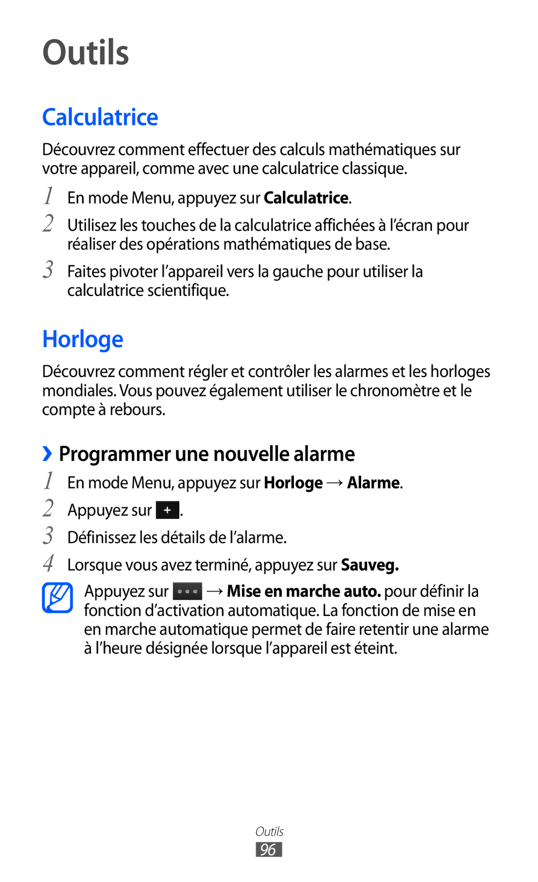 Samsung GT-S5380PWABOG, GT-S5380PWAXEF, GT-S5380WRAXEF manual Outils, Calculatrice, Horloge, ››Programmer une nouvelle alarme 