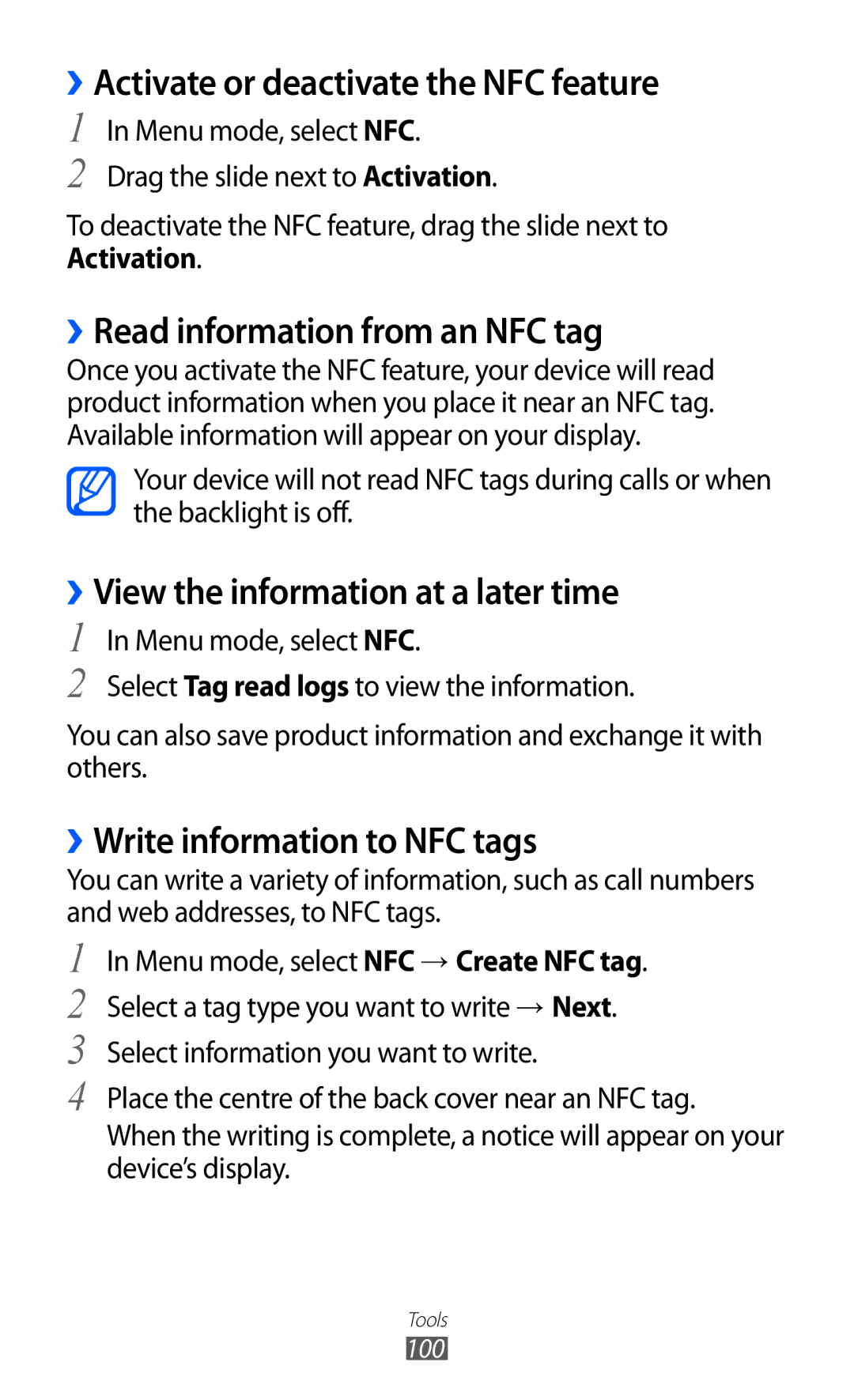 Samsung GT-S5380PWABOG, GT-S5380SSADBT manual ››Activate or deactivate the NFC feature, ››Read information from an NFC tag 