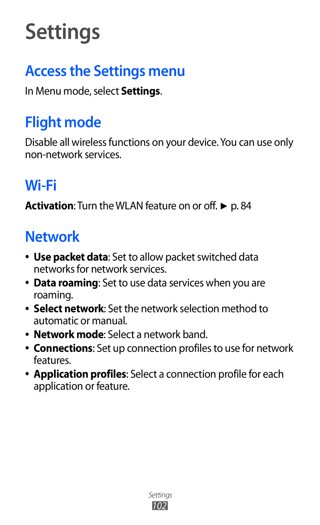 Samsung GT-S5380PWASFR, GT-S5380SSADBT, GT-S5380WRGDBT, GT-S5380SSDDBT Access the Settings menu, Flight mode, Network 