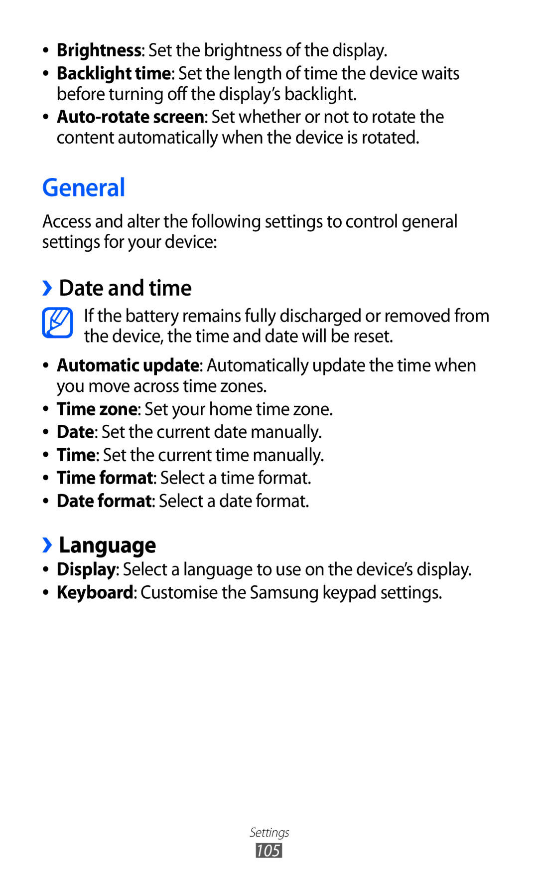 Samsung GT-S5380SSAOMN, GT-S5380SSADBT, GT-S5380WRGDBT, GT-S5380SSDDBT, GT-S5380SSAVD2 General, ››Date and time, ››Language 