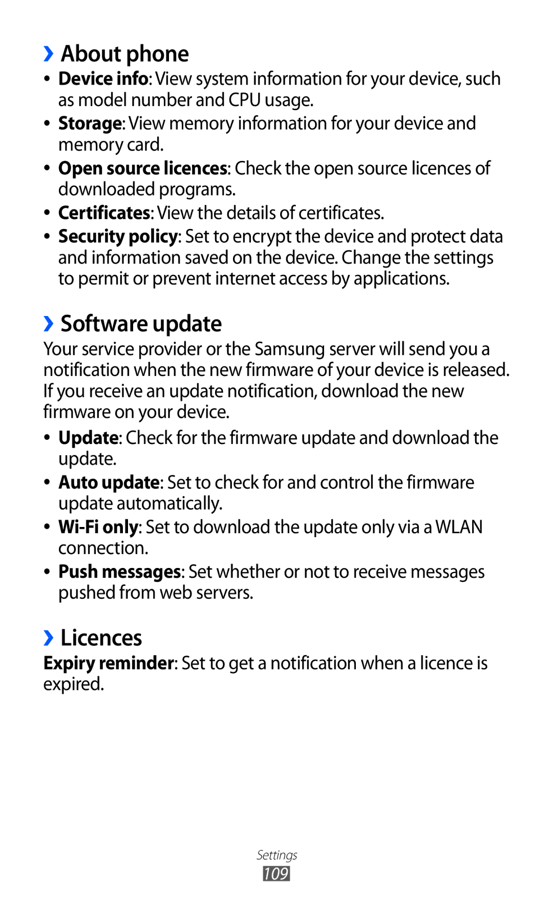 Samsung GT-S5380SSAPHE, GT-S5380SSADBT, GT-S5380WRGDBT, GT-S5380SSDDBT manual ››About phone, ››Software update, ››Licences 