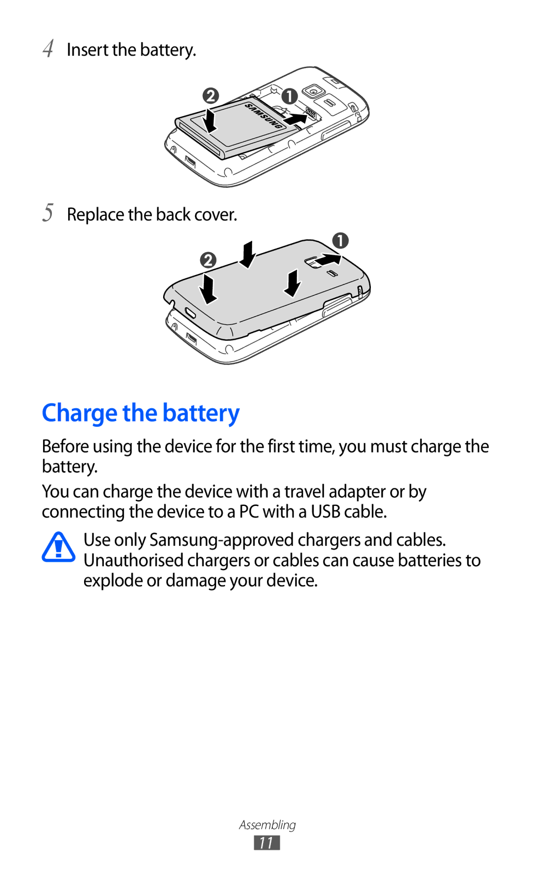 Samsung GT-S5380SSASFR, GT-S5380SSADBT, GT-S5380WRGDBT, GT-S5380SSDDBT, GT-S5380SSAVD2, GT-S5380PWAXEF manual Charge the battery 