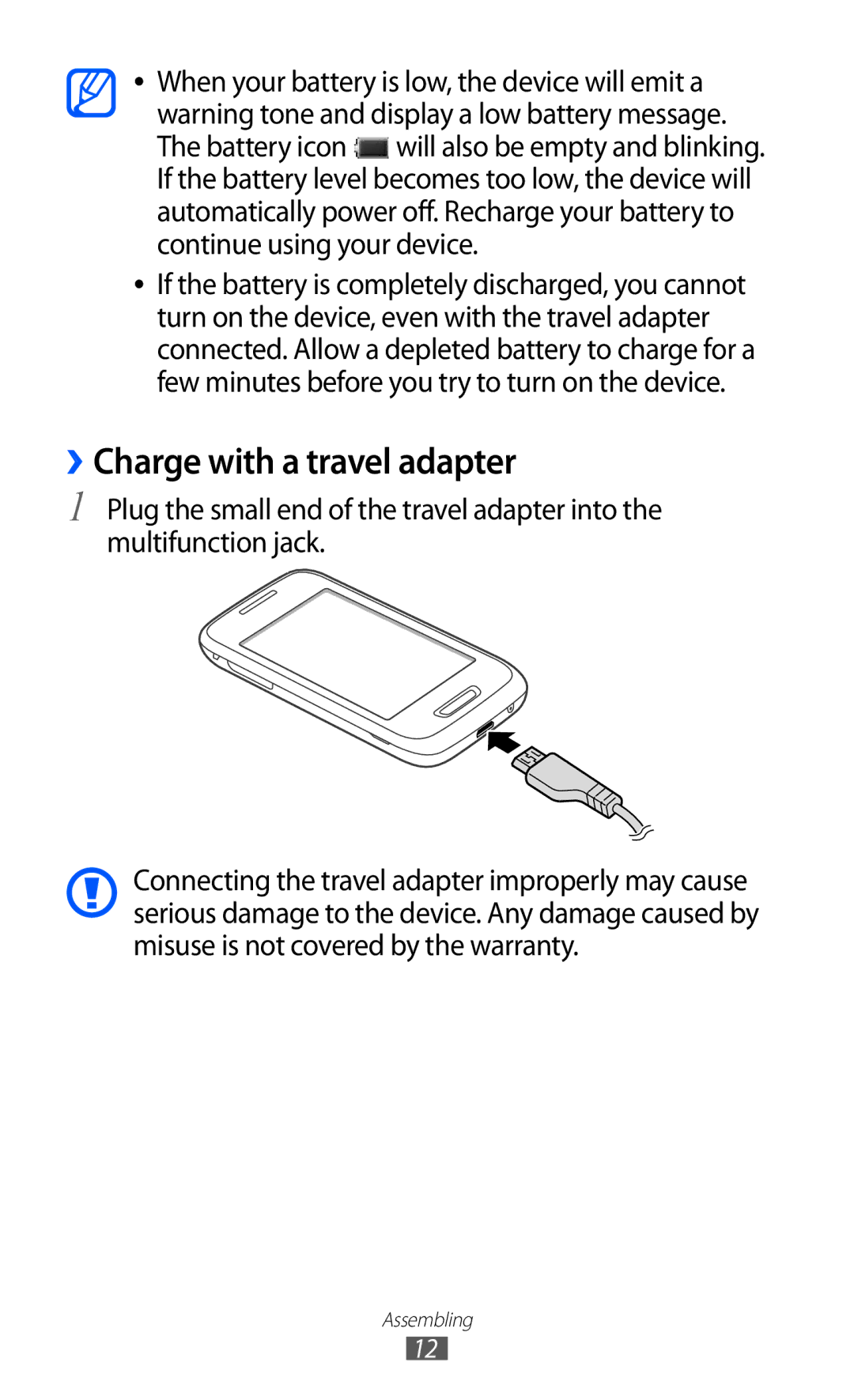 Samsung GT-S5380PWASFR, GT-S5380SSADBT, GT-S5380WRGDBT, GT-S5380SSDDBT, GT-S5380SSAVD2 manual ››Charge with a travel adapter 