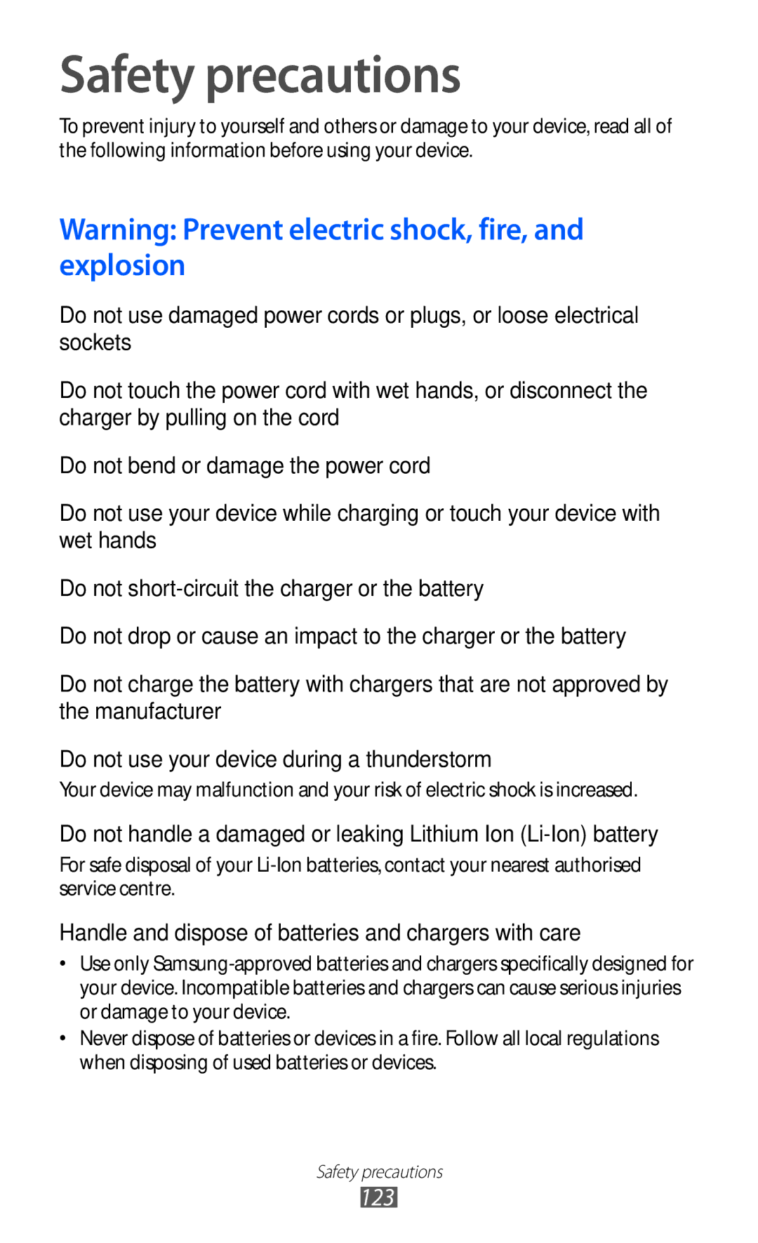 Samsung GT-S5380SSAVD2, GT-S5380SSADBT manual Safety precautions, Handle and dispose of batteries and chargers with care 