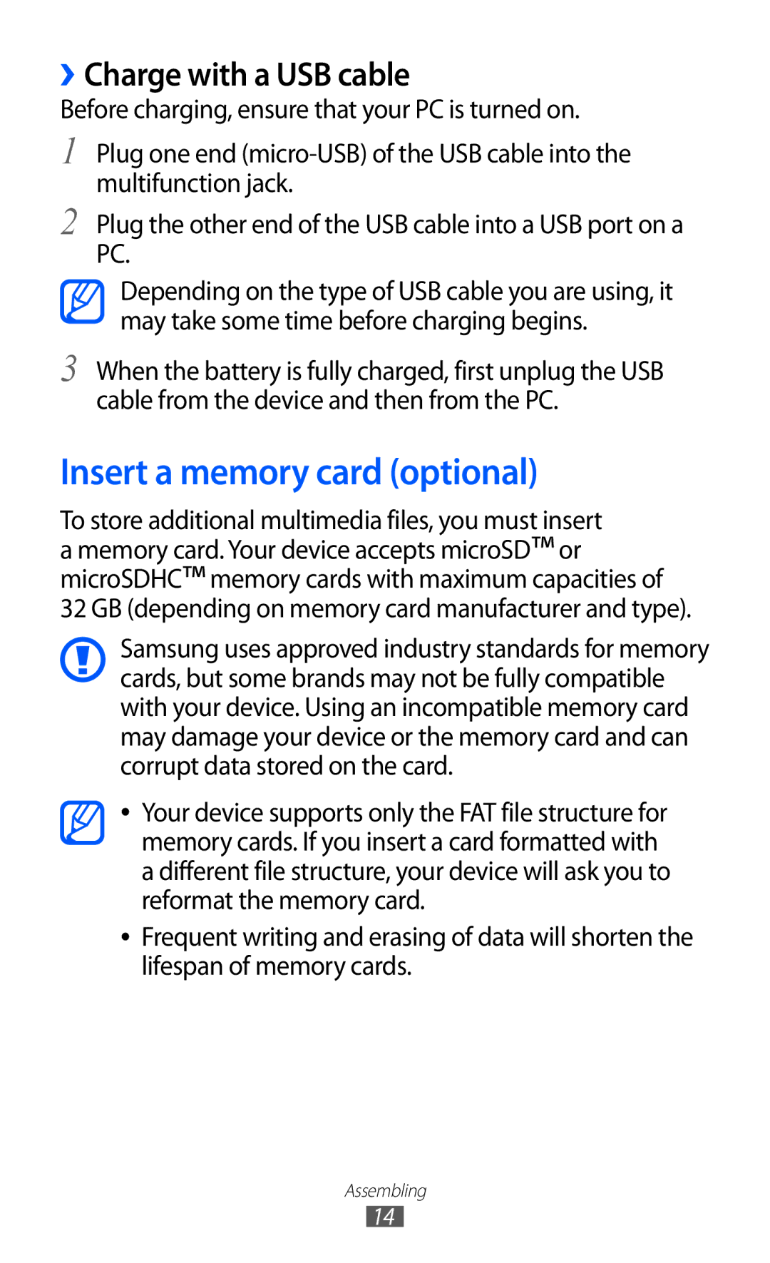 Samsung GT-S5380SSATIM, GT-S5380SSADBT, GT-S5380WRGDBT manual Insert a memory card optional, ››Charge with a USB cable 