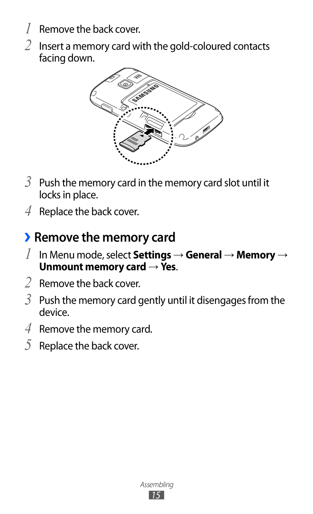 Samsung GT-S5380SSAOMN, GT-S5380SSADBT, GT-S5380WRGDBT, GT-S5380SSDDBT, GT-S5380SSAVD2 manual ››Remove the memory card 