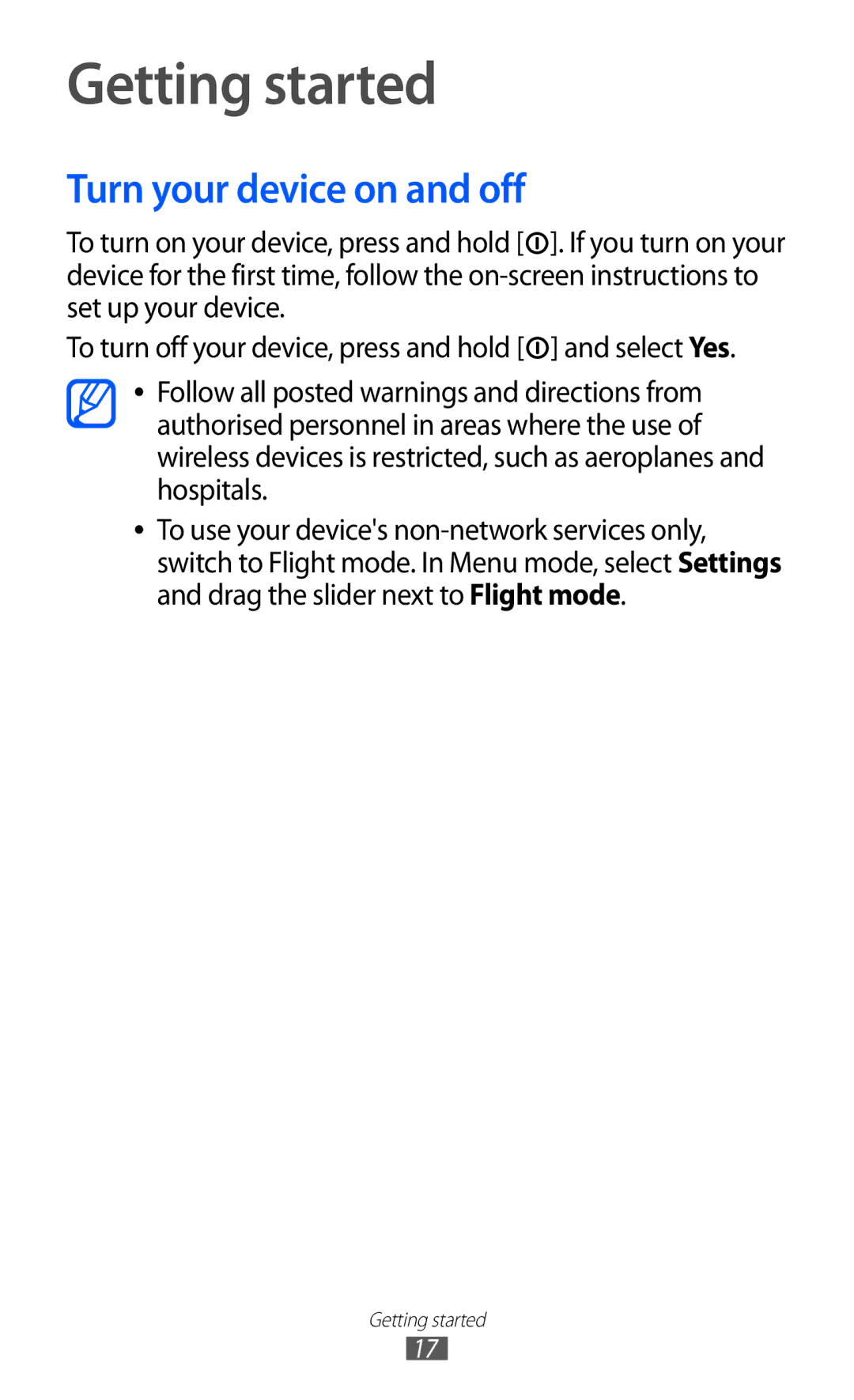 Samsung GT-S5380PWATIM, GT-S5380SSADBT, GT-S5380WRGDBT, GT-S5380SSDDBT manual Getting started, Turn your device on and off 