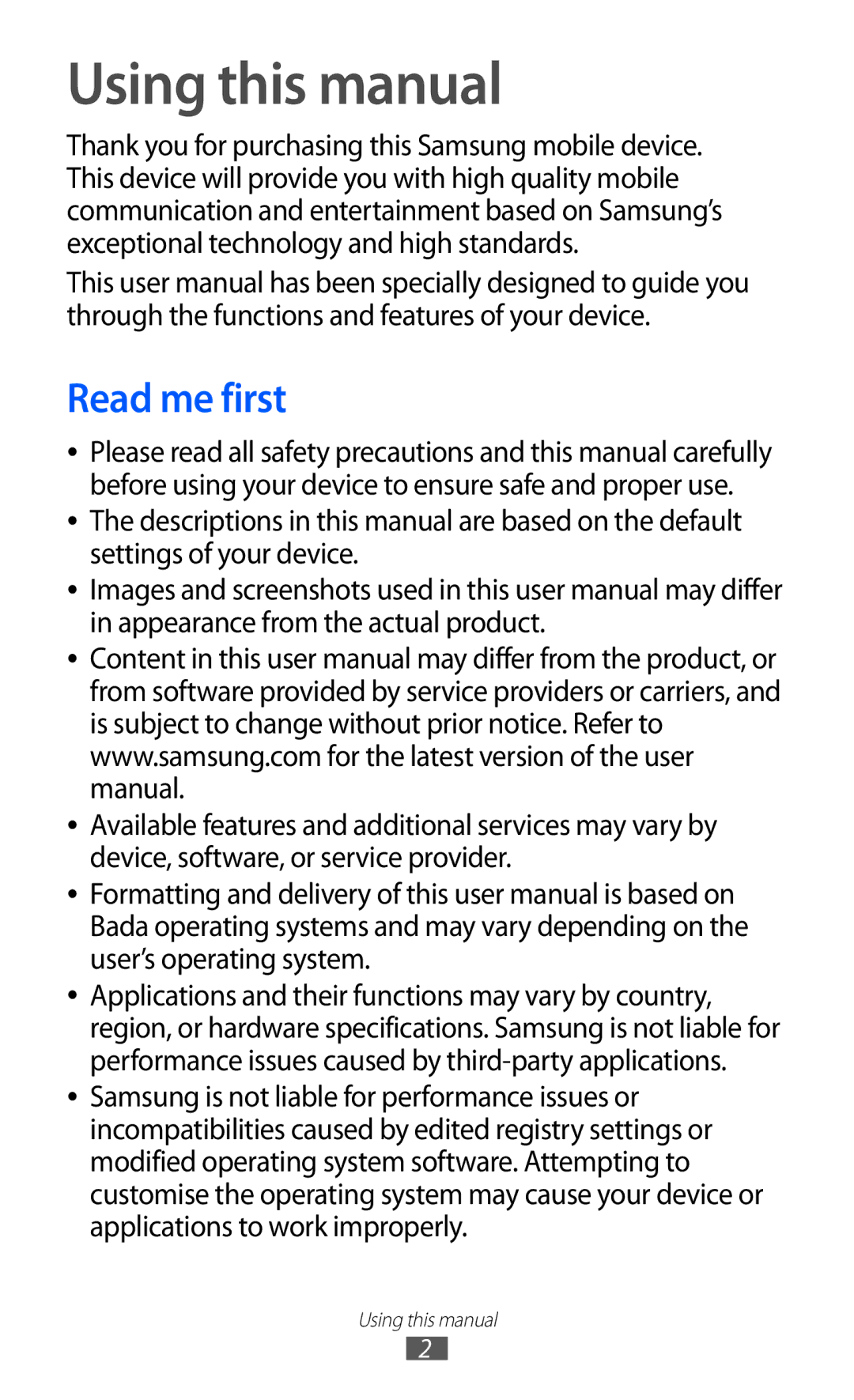 Samsung GT-S5380SSDDBT, GT-S5380SSADBT, GT-S5380WRGDBT, GT-S5380SSAVD2, GT-S5380PWAXEF Using this manual, Read me first 