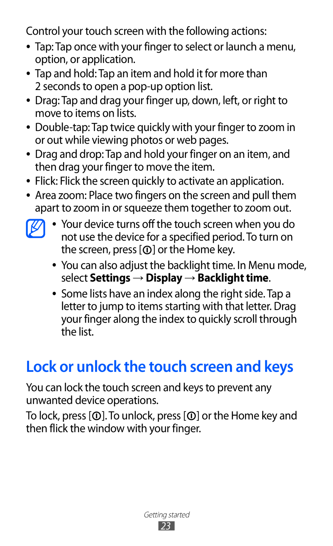 Samsung GT-S5380SSAO2C, GT-S5380SSADBT, GT-S5380WRGDBT, GT-S5380SSDDBT manual Lock or unlock the touch screen and keys 