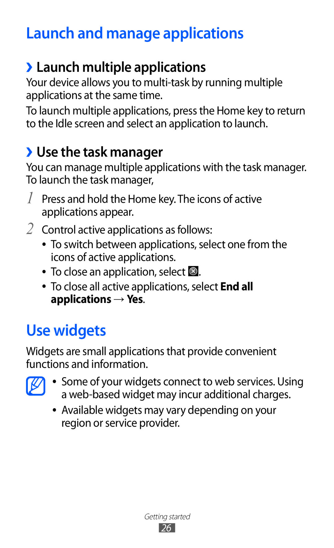 Samsung GT-S5380WRASEB Launch and manage applications, Use widgets, ››Launch multiple applications, ››Use the task manager 