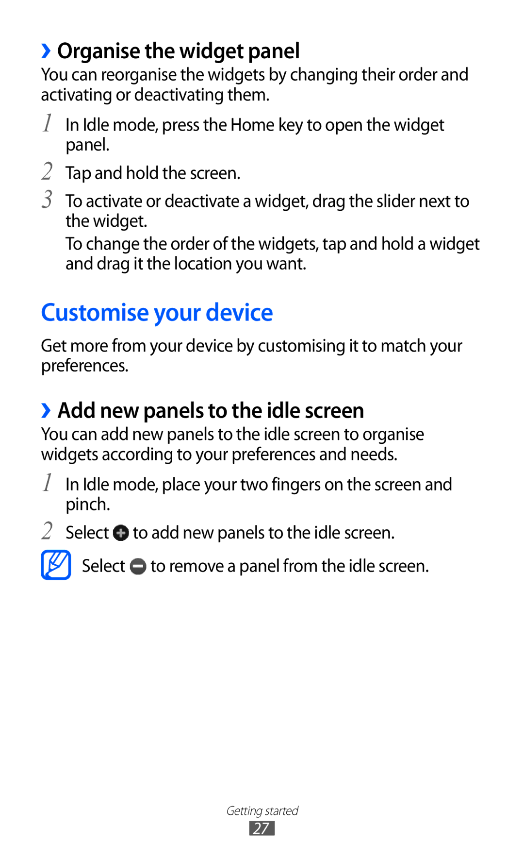 Samsung GT-S5380SSASEB manual Customise your device, ››Organise the widget panel, ››Add new panels to the idle screen 