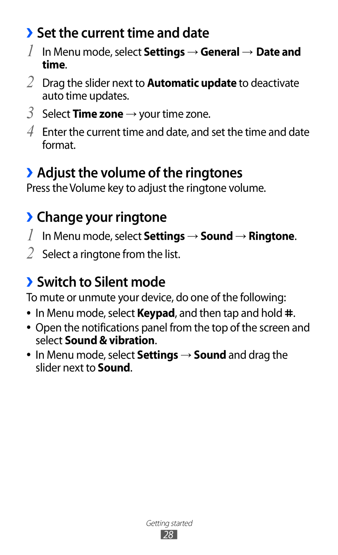 Samsung GT-S5380SSAVDH manual ››Set the current time and date, ››Adjust the volume of the ringtones, ››Change your ringtone 