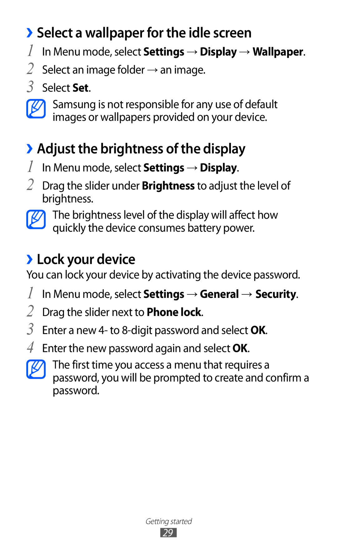 Samsung GT-S5380SSDSER, GT-S5380SSADBT ››Select a wallpaper for the idle screen, ››Adjust the brightness of the display 