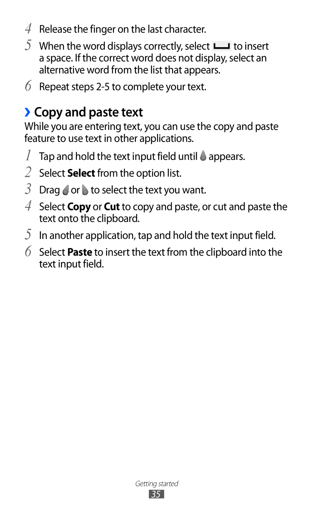 Samsung GT-S5380WRAXEF, GT-S5380SSADBT, GT-S5380WRGDBT manual ››Copy and paste text, Release the finger on the last character 