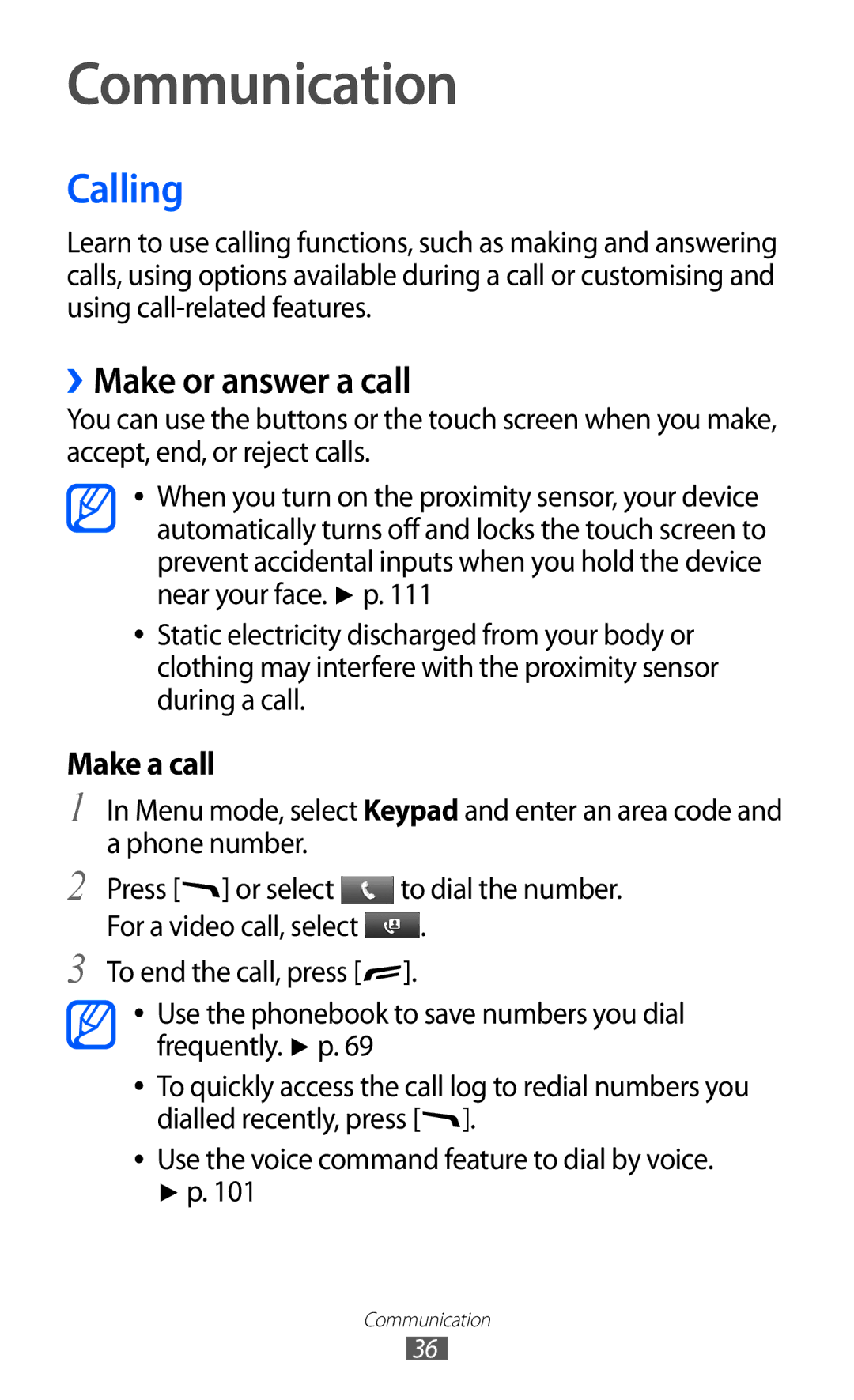 Samsung GT-S5380SSABOG, GT-S5380SSADBT, GT-S5380WRGDBT, GT-S5380SSDDBT manual Communication, Calling, ››Make or answer a call 