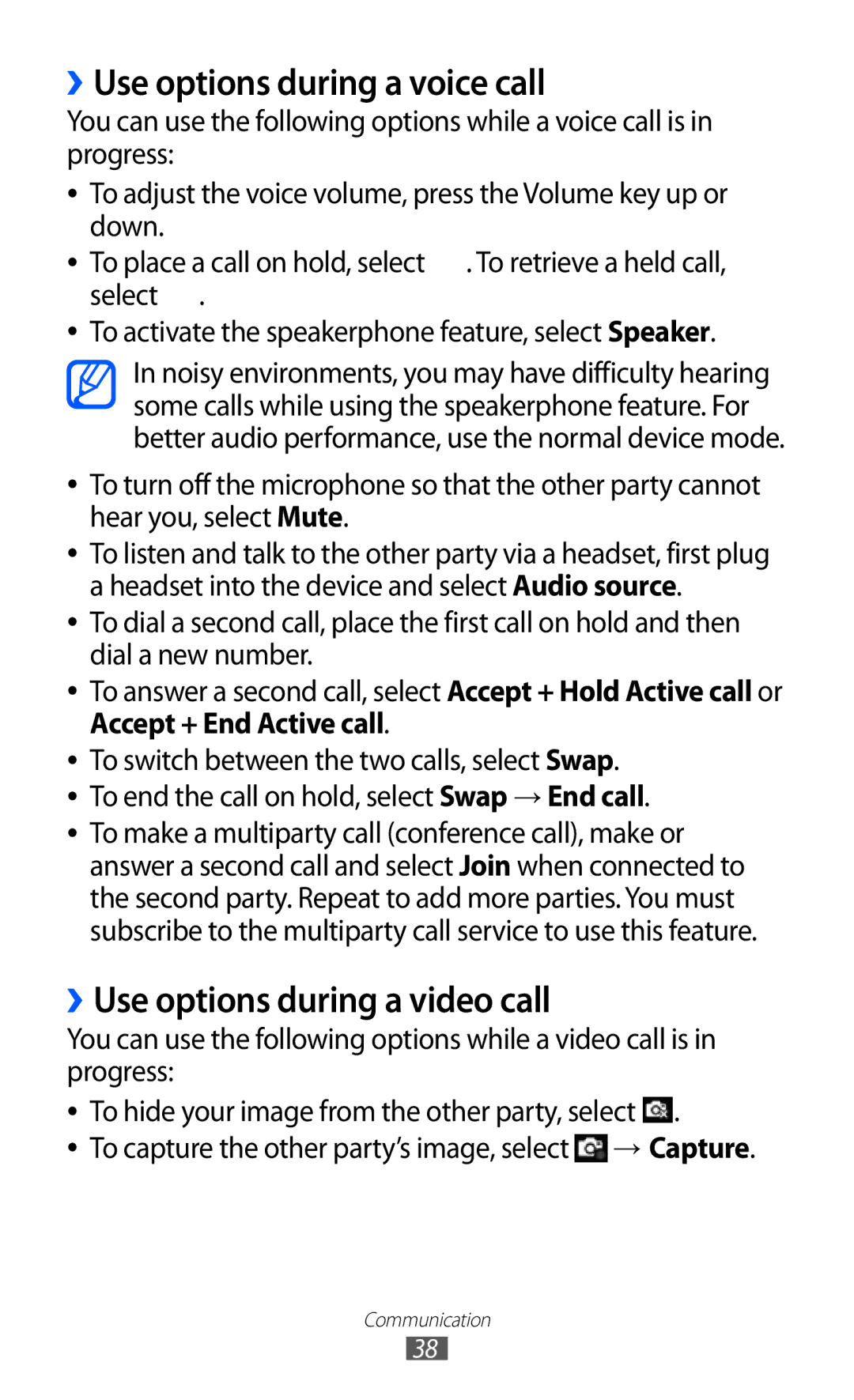 Samsung GT-S5380SSAXEF, GT-S5380SSADBT, GT-S5380WRGDBT ››Use options during a voice call, ››Use options during a video call 