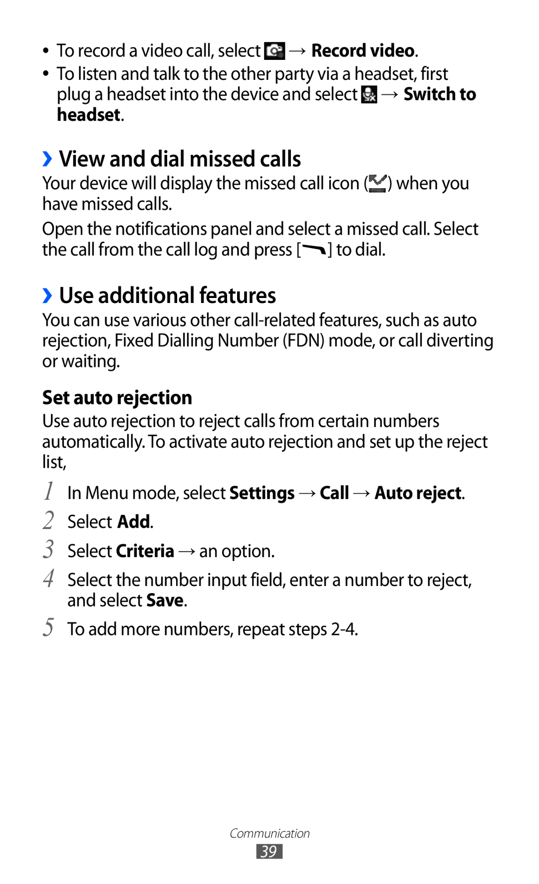 Samsung GT-S5380SSAFTM, GT-S5380SSADBT, GT-S5380WRGDBT manual ››View and dial missed calls, ››Use additional features 