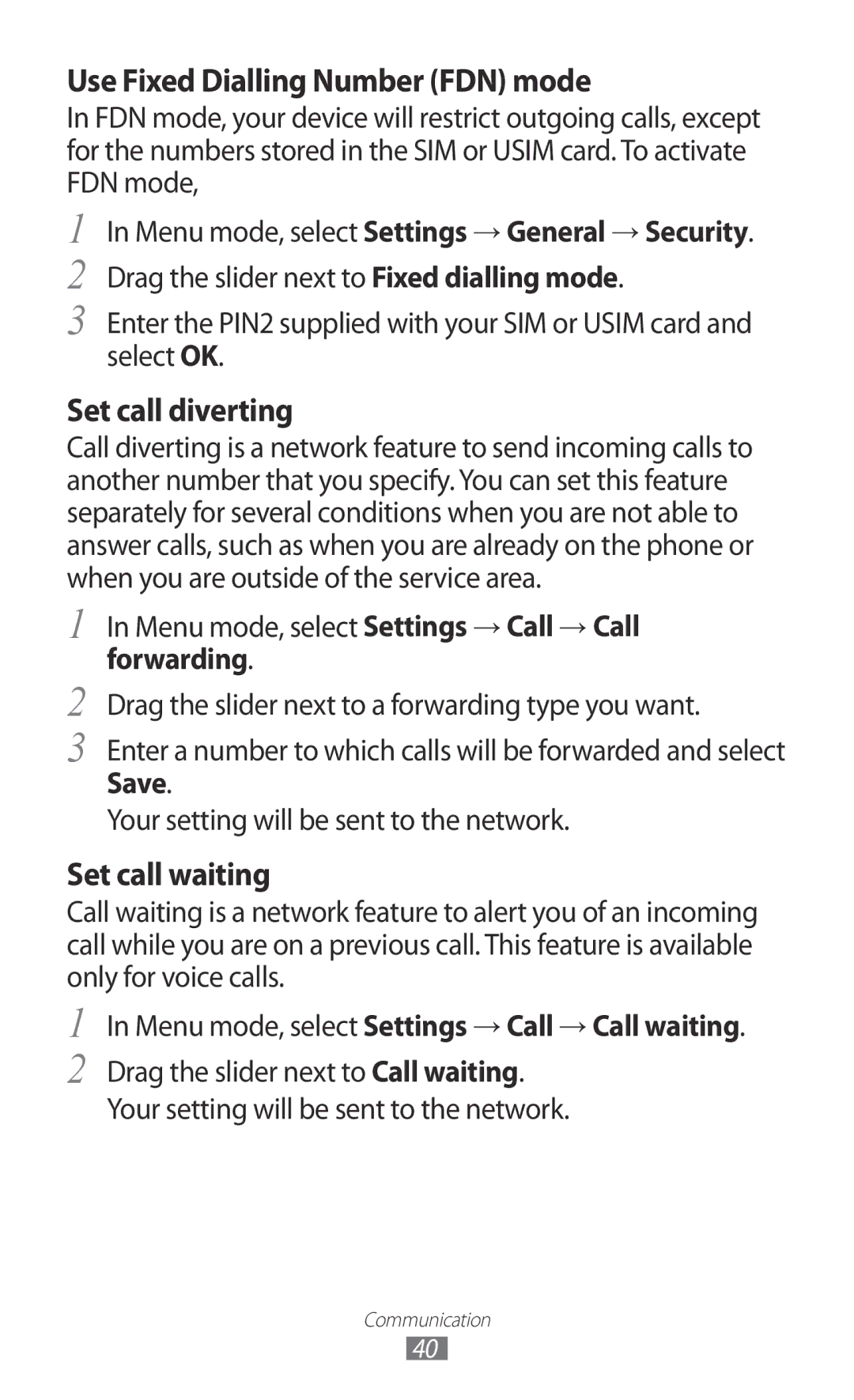 Samsung GT-S5380PWABOG manual Use Fixed Dialling Number FDN mode, Menu mode, select Settings → Call → Call waiting 