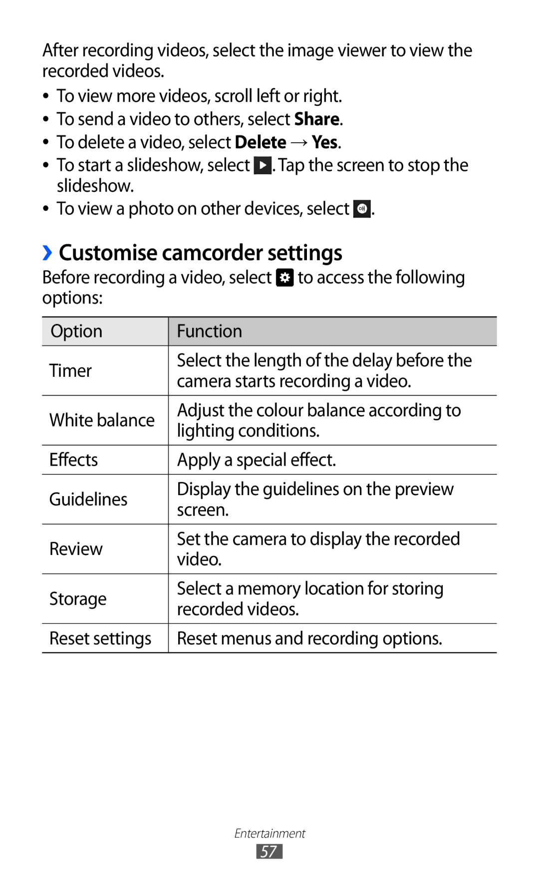 Samsung GT-S5380SSASEB, GT-S5380SSADBT, GT-S5380WRGDBT, GT-S5380SSDDBT, GT-S5380SSAVD2 manual ››Customise camcorder settings 