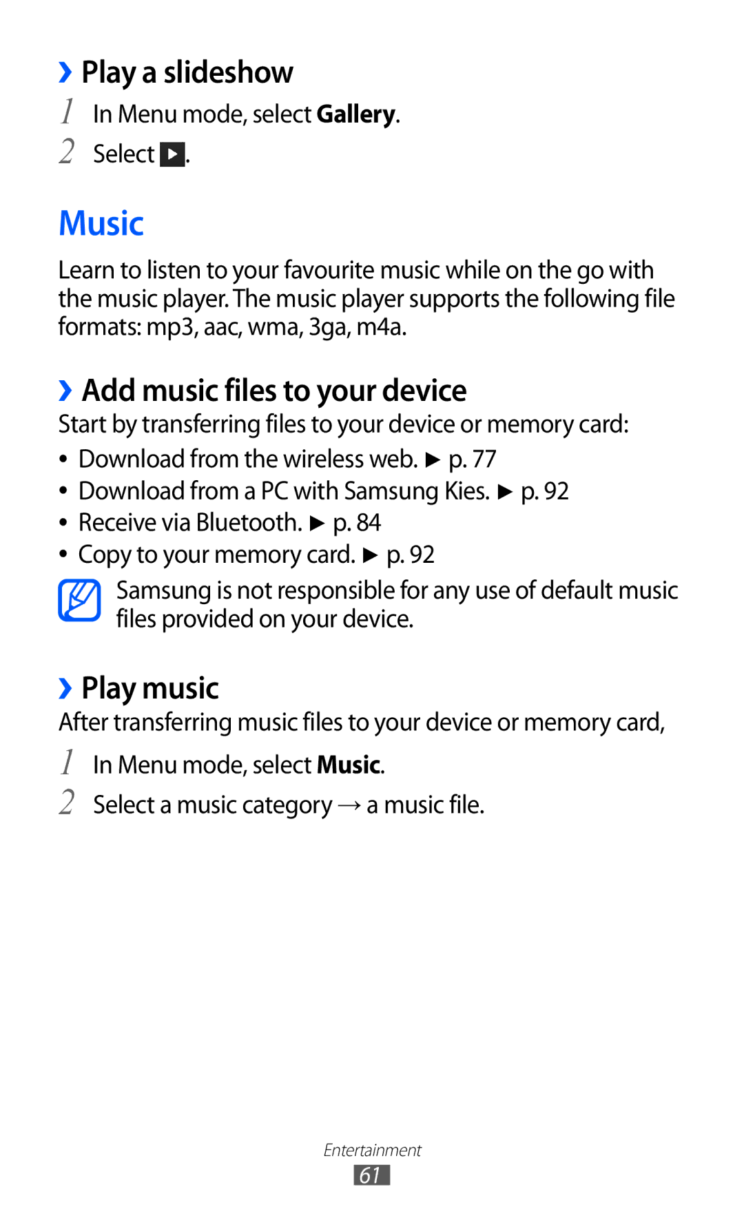 Samsung GT-S5380WRGDBT, GT-S5380SSADBT manual Music, ››Play a slideshow, ››Add music files to your device, ››Play music 