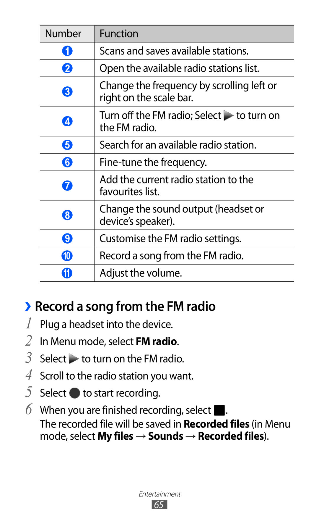 Samsung GT-S5380WRAXEF, GT-S5380SSADBT, GT-S5380WRGDBT, GT-S5380SSDDBT, GT-S5380SSAVD2 manual ››Record a song from the FM radio 