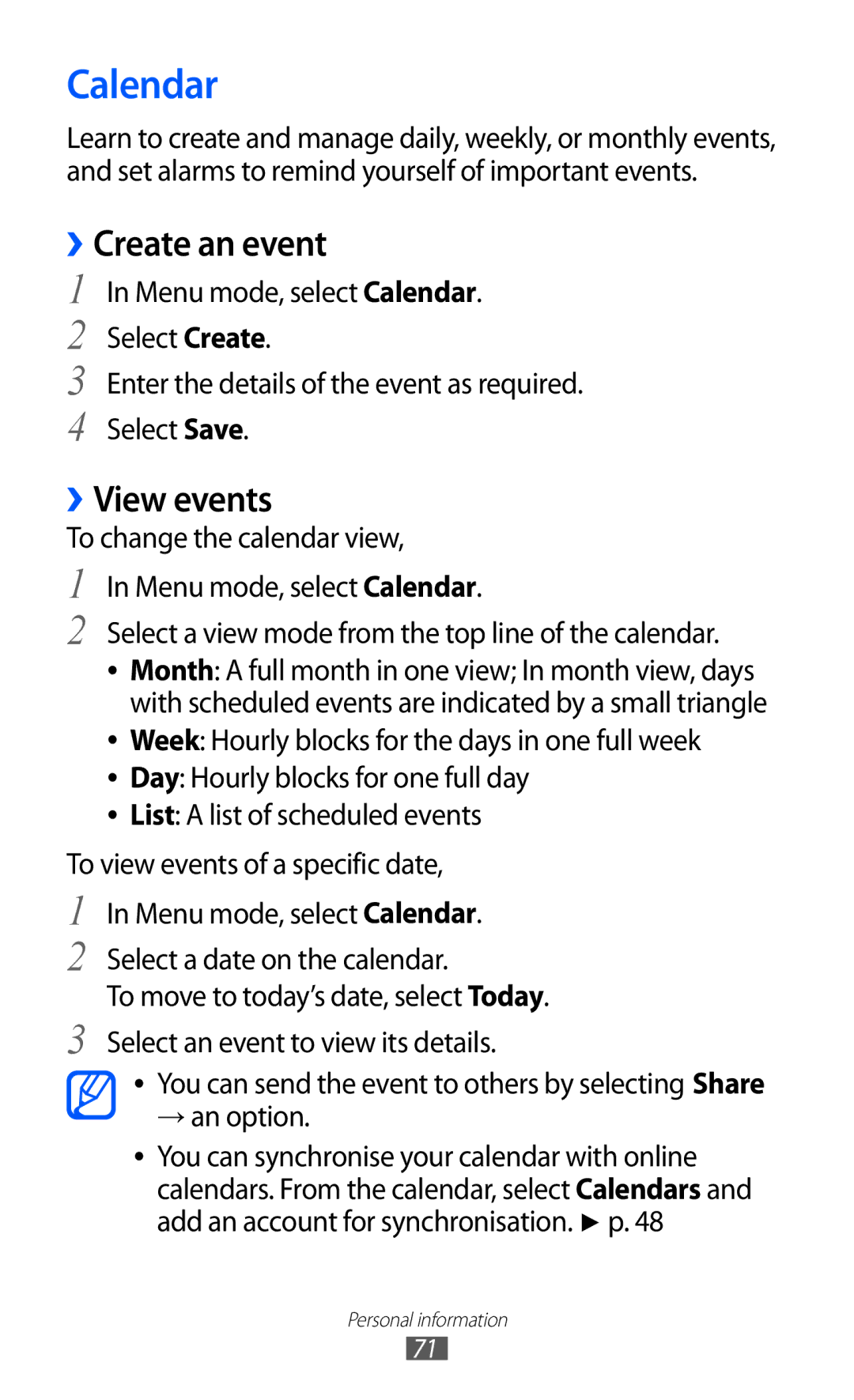 Samsung GT-S5380SSASFR, GT-S5380SSADBT, GT-S5380WRGDBT, GT-S5380SSDDBT manual Calendar, ››Create an event, ››View events 