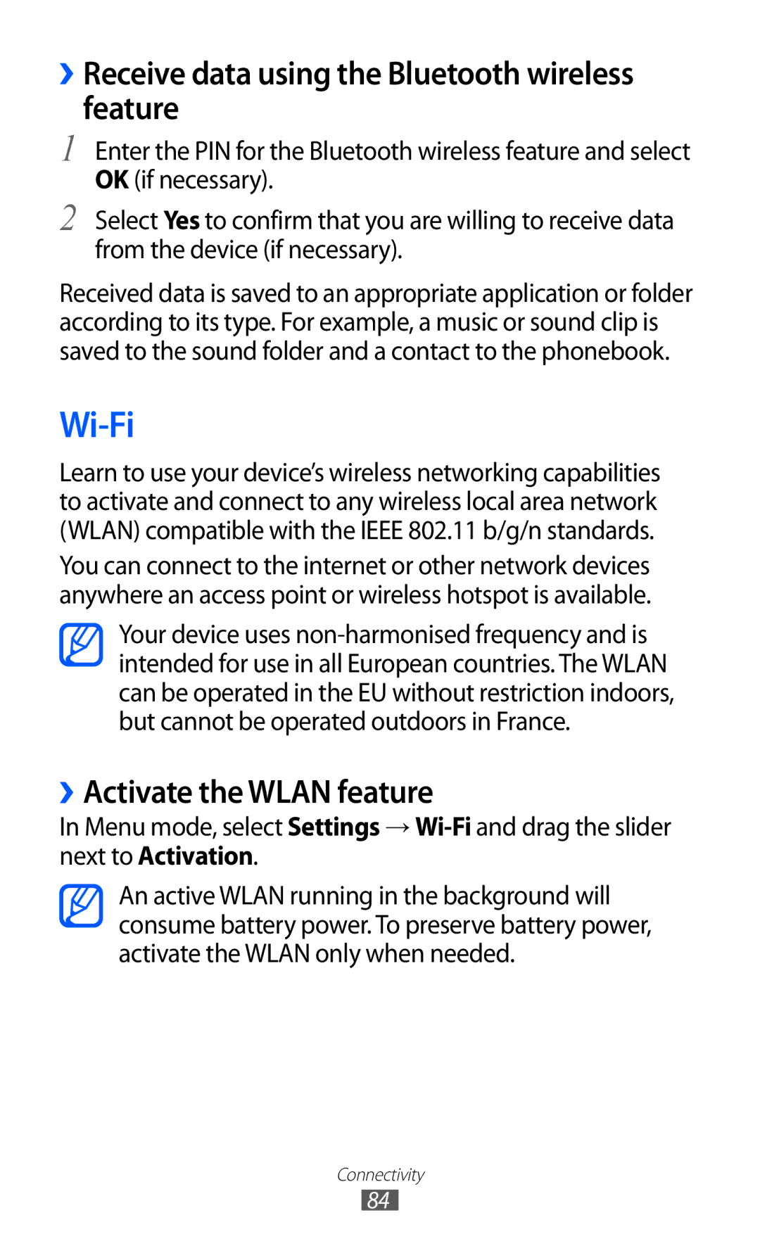 Samsung GT-S5380SSAXEZ manual Wi-Fi, ››Receive data using the Bluetooth wireless feature, ››Activate the Wlan feature 