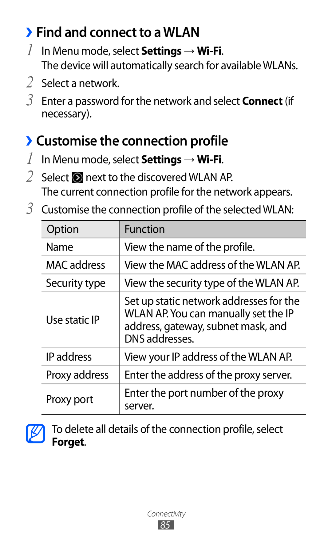 Samsung GT-S5380WRGSEB, GT-S5380SSADBT, GT-S5380WRGDBT ››Find and connect to a Wlan, ››Customise the connection profile 