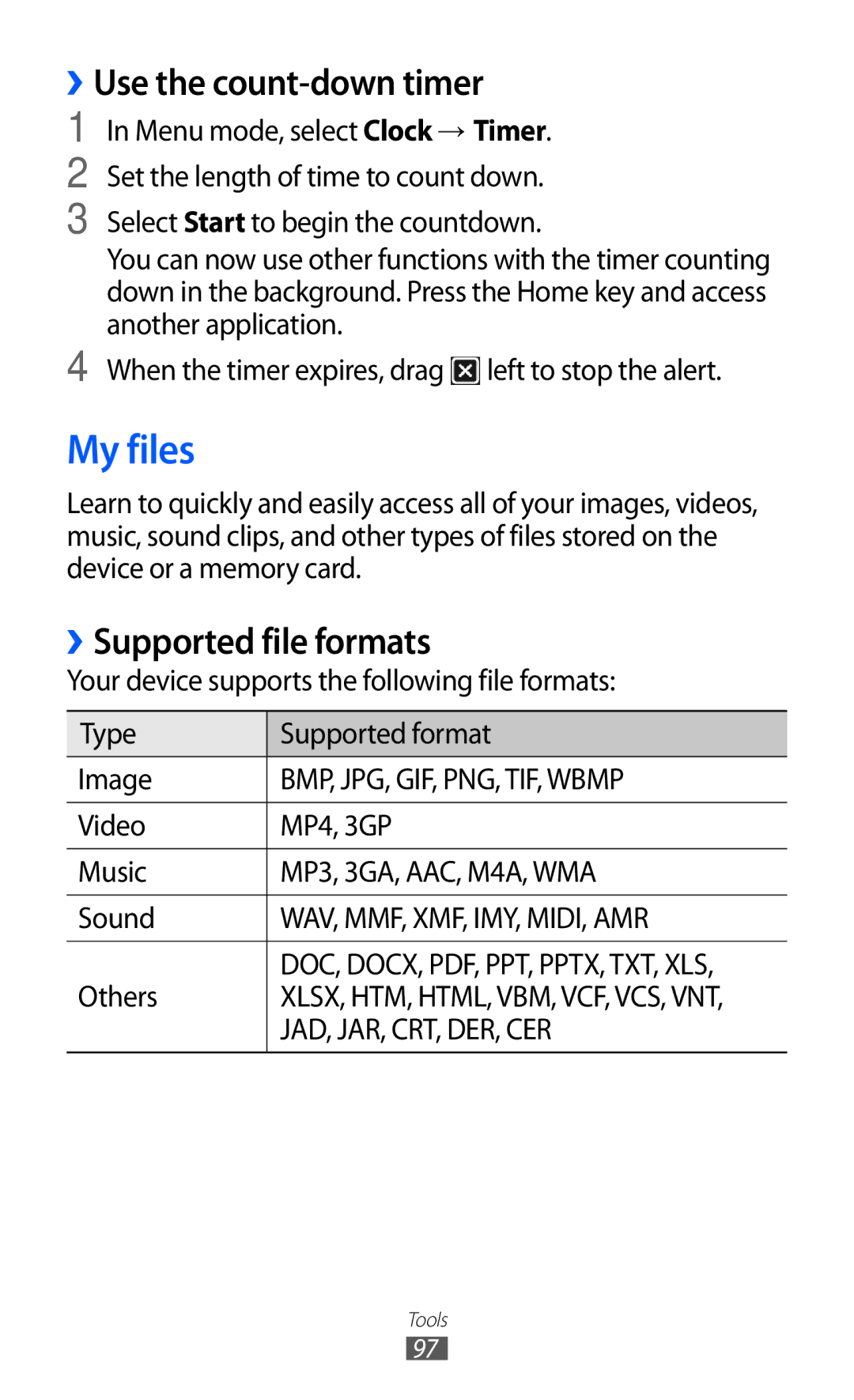 Samsung GT-S5380SSANRJ, GT-S5380SSADBT, GT-S5380WRGDBT manual My files, ››Use the count-down timer, ››Supported file formats 