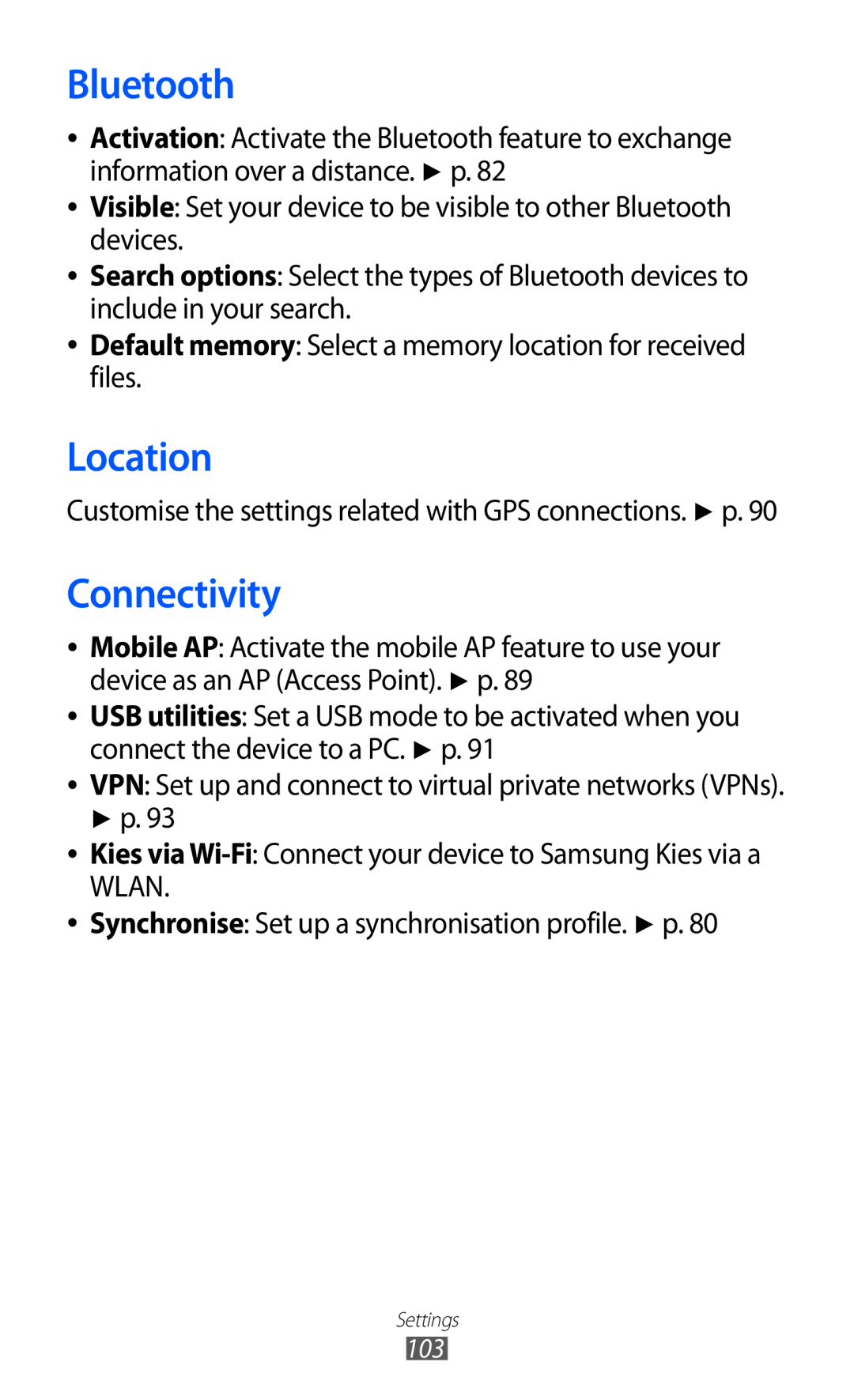 Samsung GT-S5380SSAWIN manual Location, Connectivity, Visible Set your device to be visible to other Bluetooth devices 