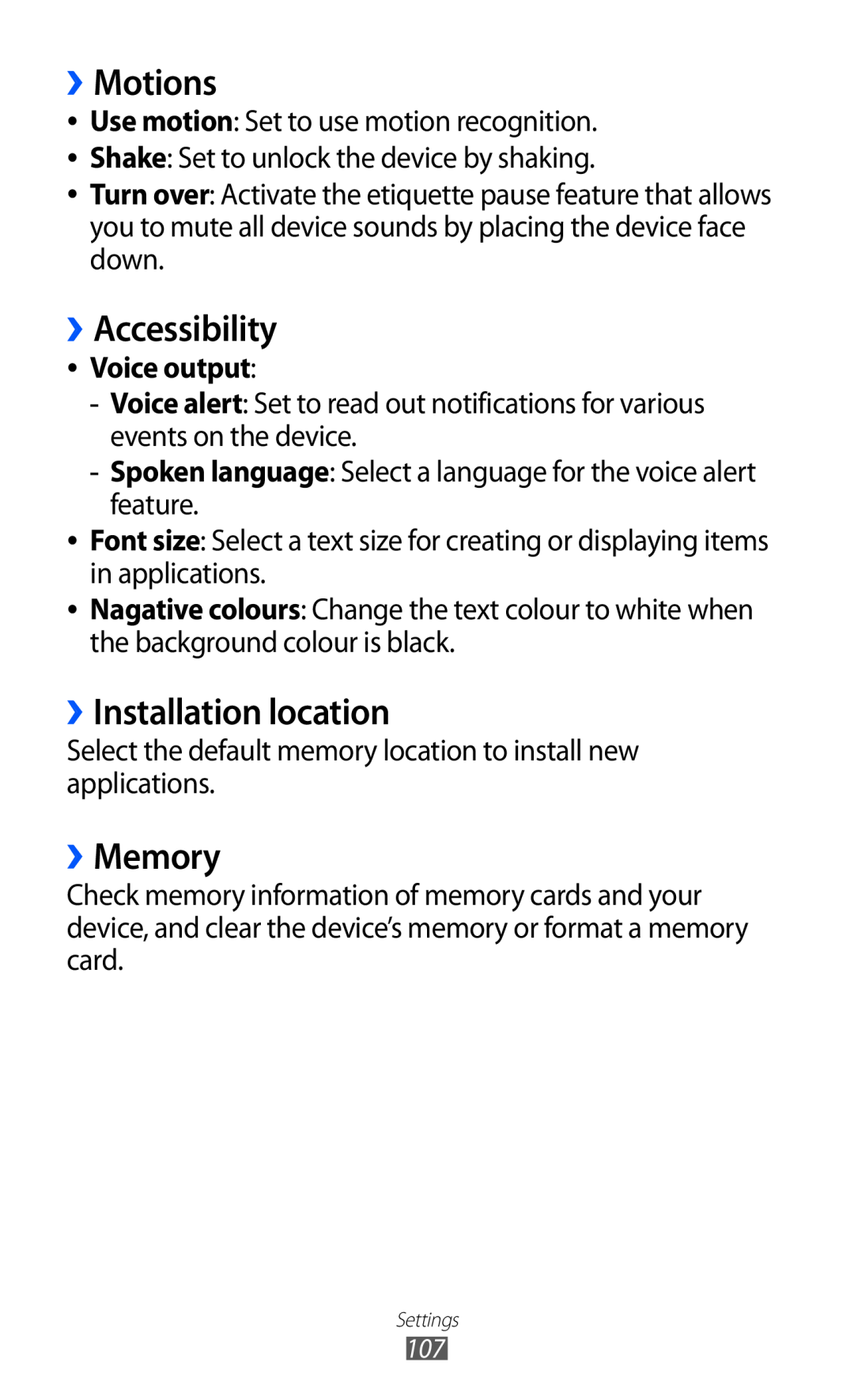 Samsung GT-S5380PWATIM, GT-S5380SSADBT manual ››Motions, ››Accessibility, ››Installation location, ››Memory, Voice output 